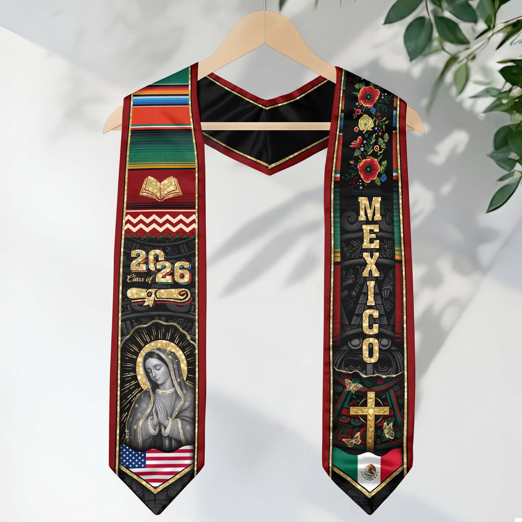 Mexican Graduation Stole Mexico Sash Aztec Virgin Mary Bible Cross 2026