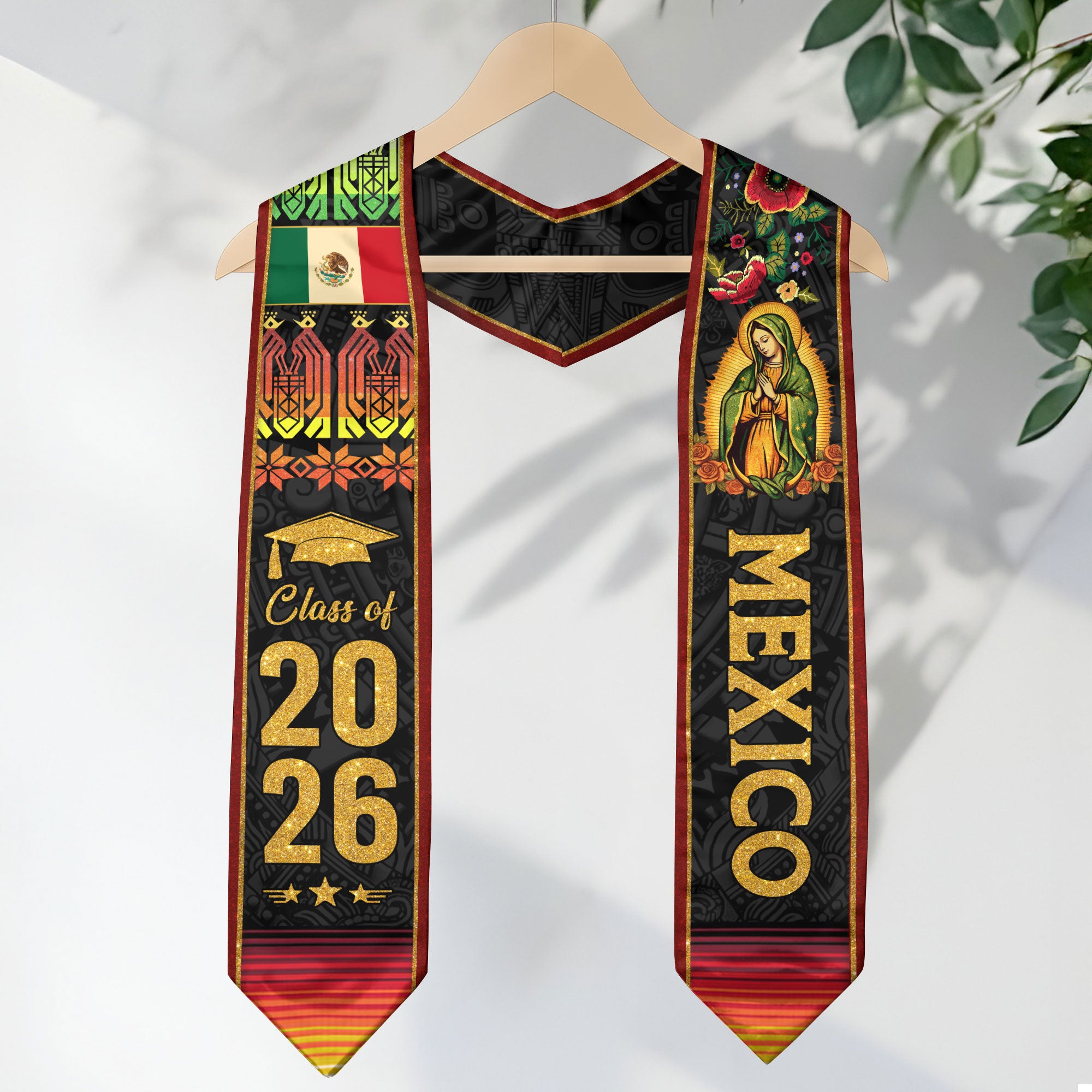 Mexican Graduation Stole Mexico Sash Aztec Virgin Mary Flowers Class 2026