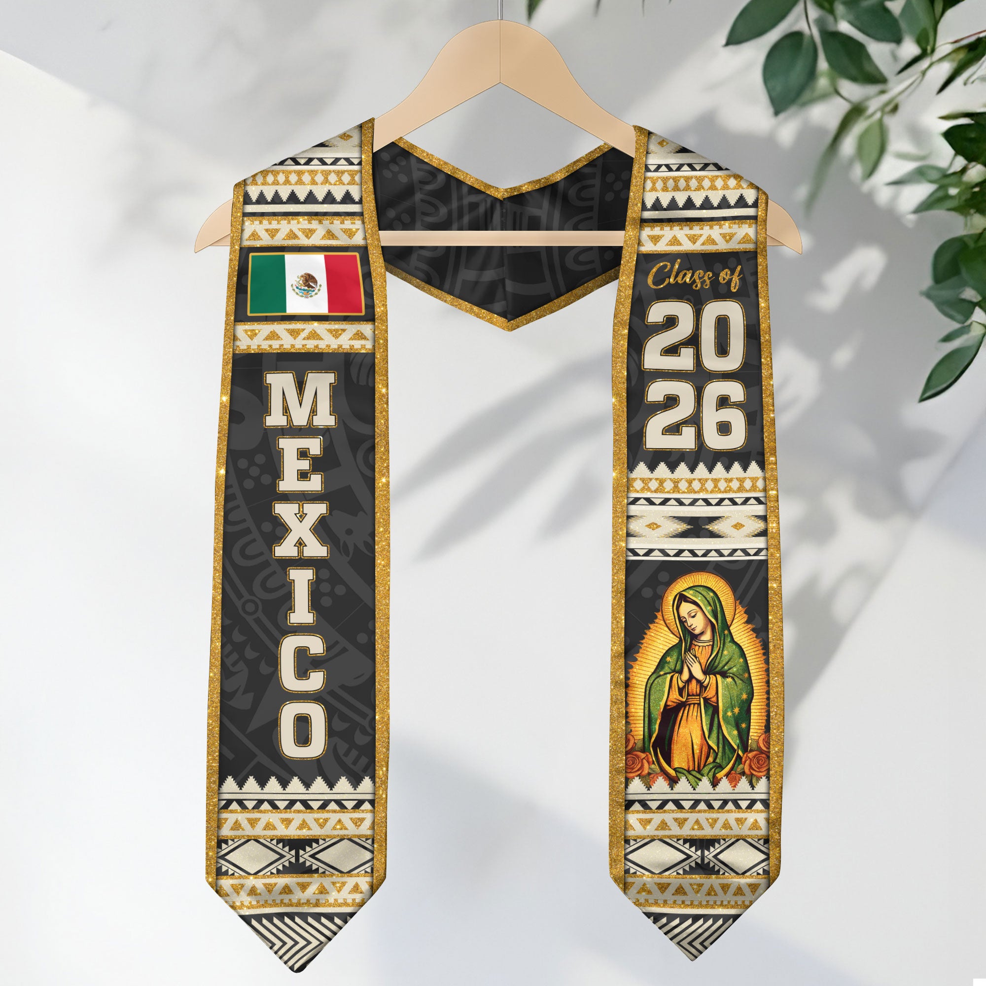 Mexican Graduation Stole Mexico Sash Aztec Virgin Mary Gold Pattern 20 ...