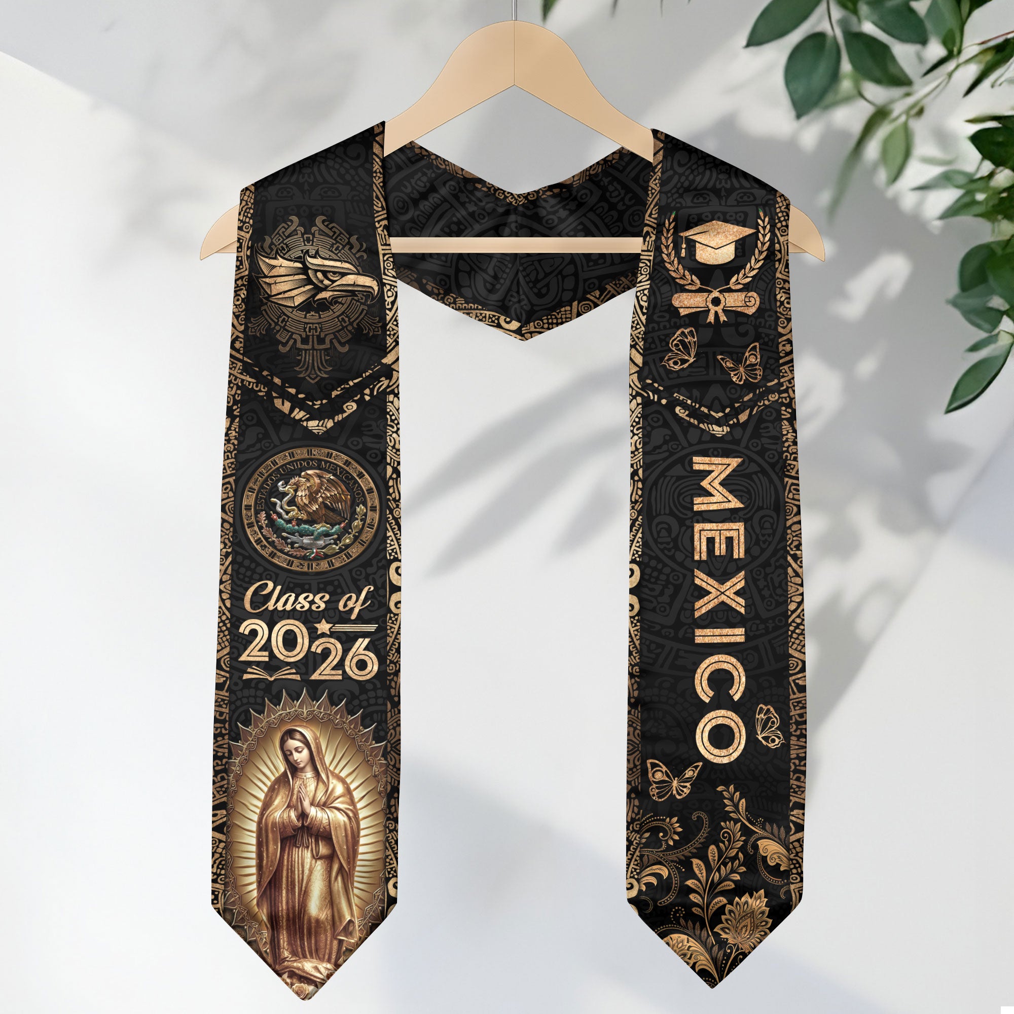 Mexican Graduation Stole Mexico Sash Aztec Eagle Virgin Mary Gold 2026 ...