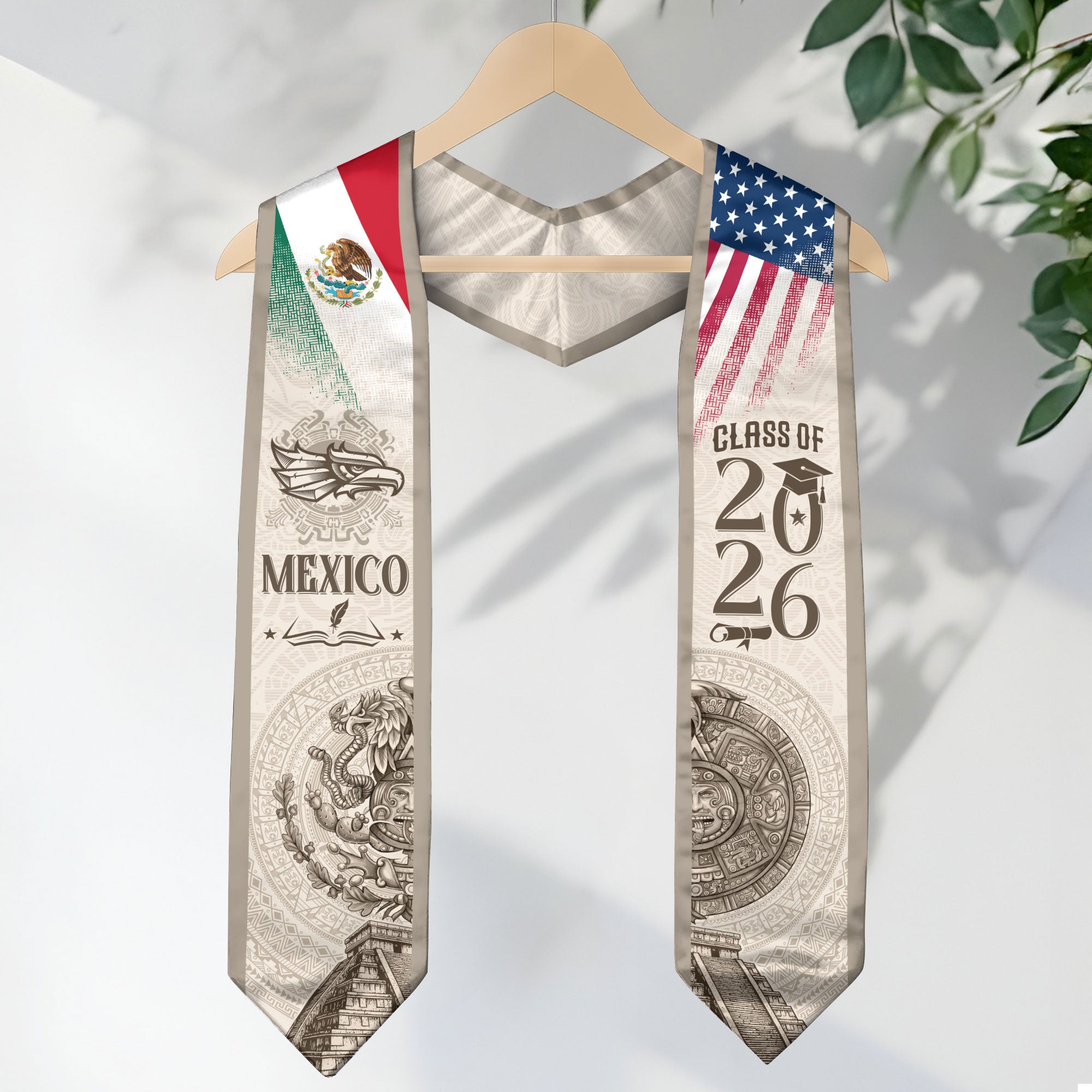 Mexican Graduation Stole Mexico USA Flag Aztec Calendar Eagle Pyramid 2026