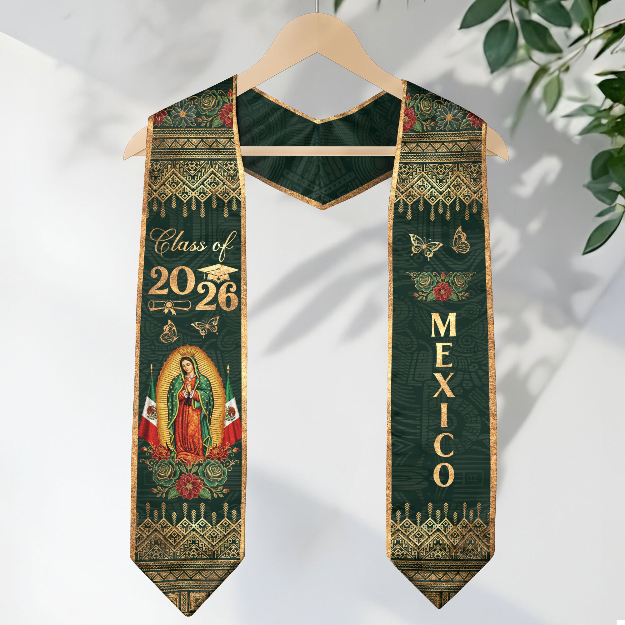 Mexico Roots Emerald Graduation Stole Virgen & Tradition Class of 2026