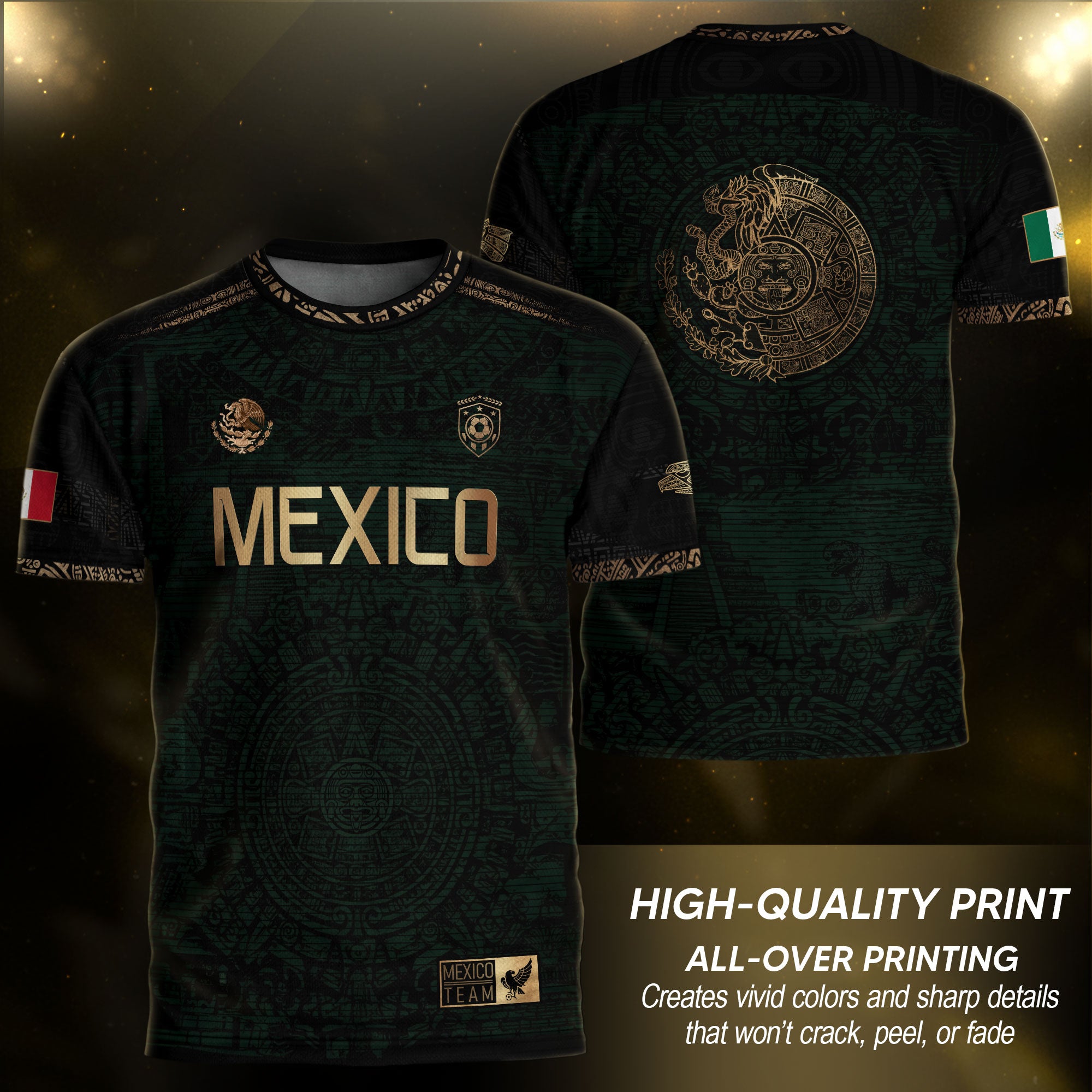 Mexico Heritage Dark Green Gold Vintage Athletic Aztec Calendar Soccer Jersey