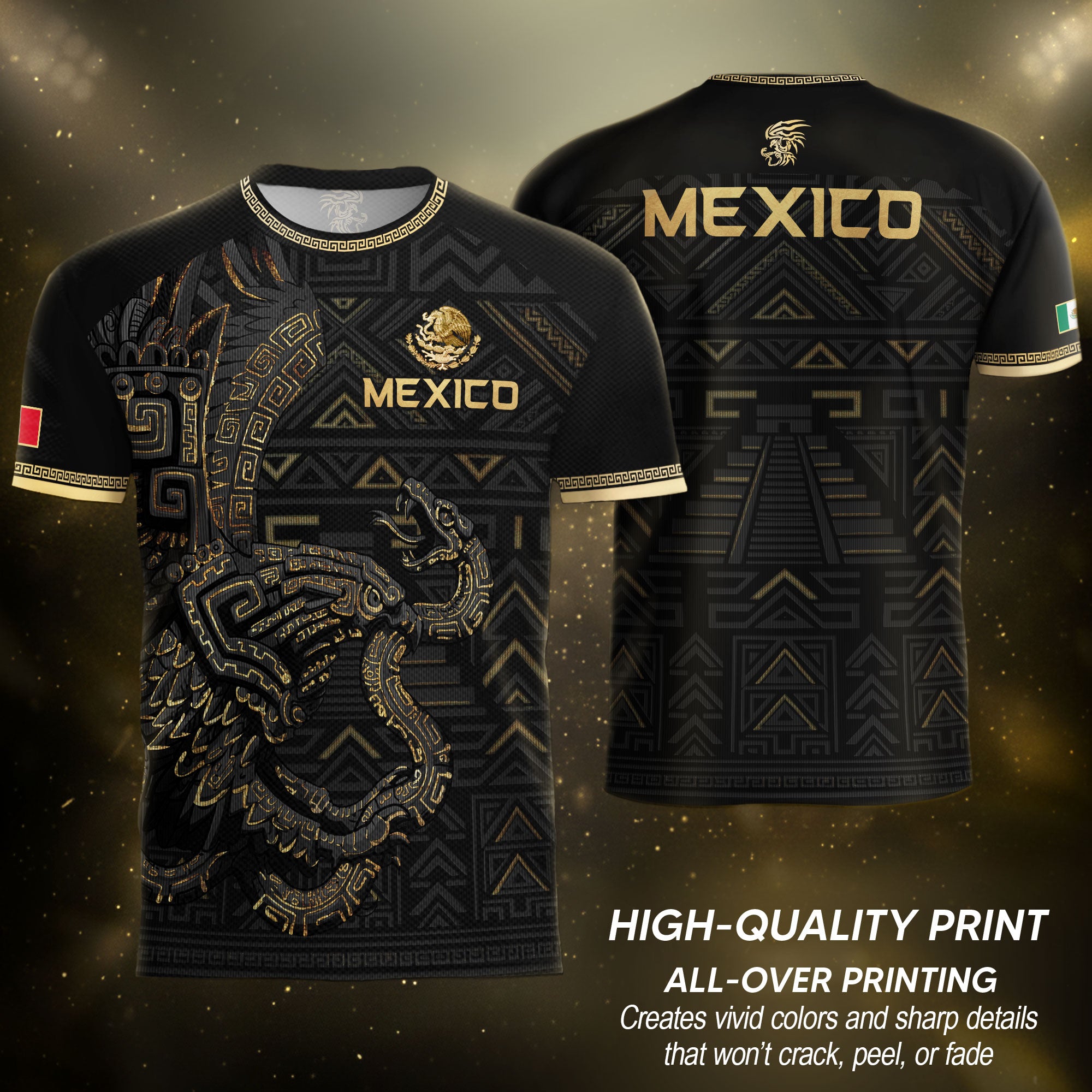 Mexico Heritage Orgullo Mexicano Black Gold Aztec Quetzalcoatl Pyramid Soccer Jersey