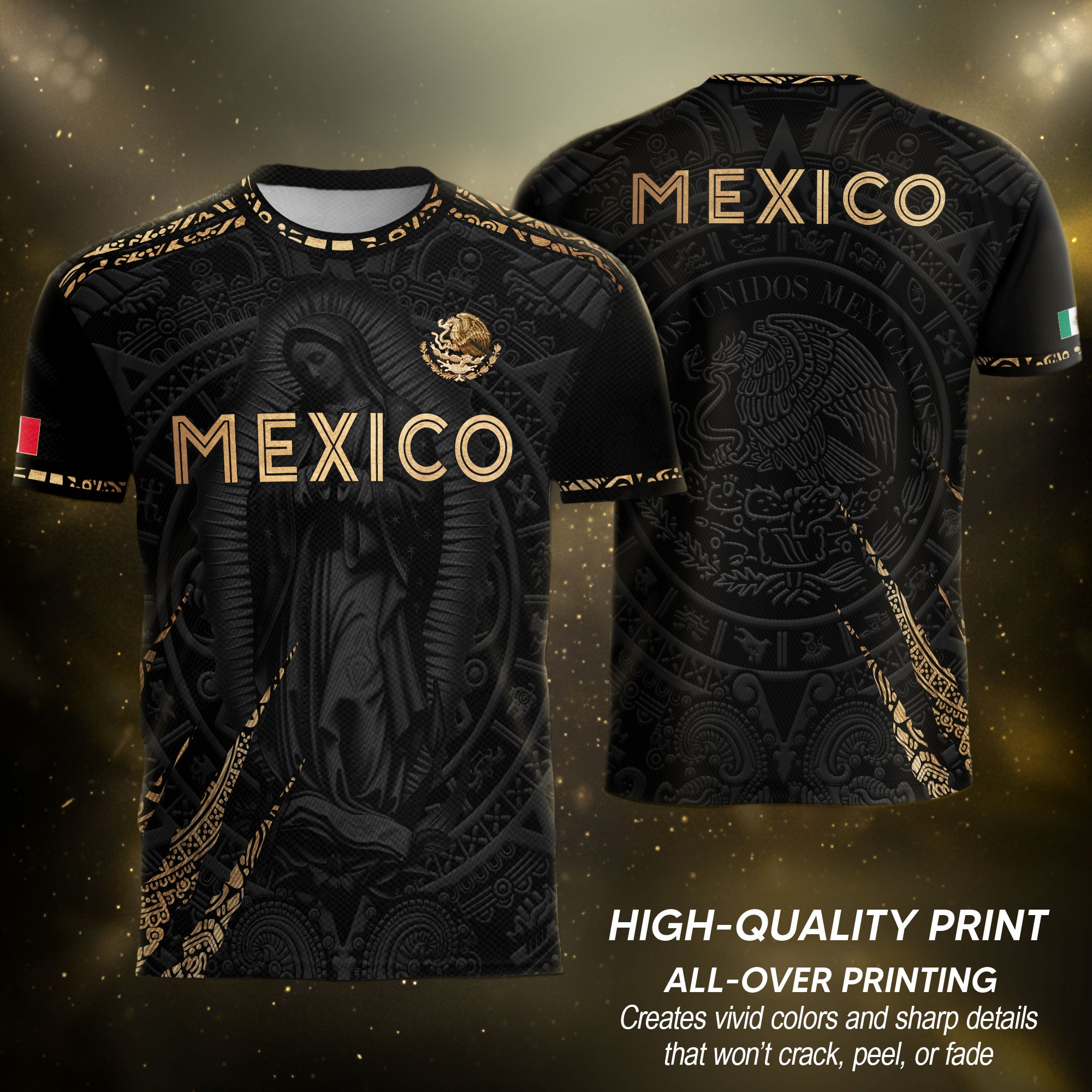 Mexico Heritage Orgullo Mexicano Black Gold Virgin Mary Guadalupe Catholic Soccer Jersey