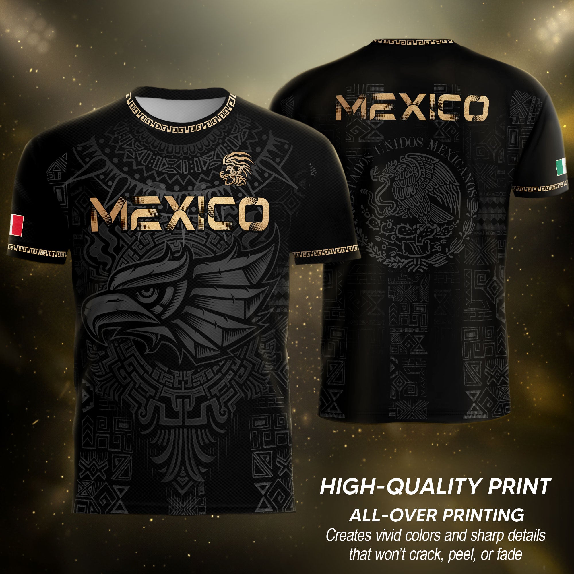 Mexico Heritage Orgullo Mexicano Black Gold Eagle Aztec Calendar Soccer Jersey