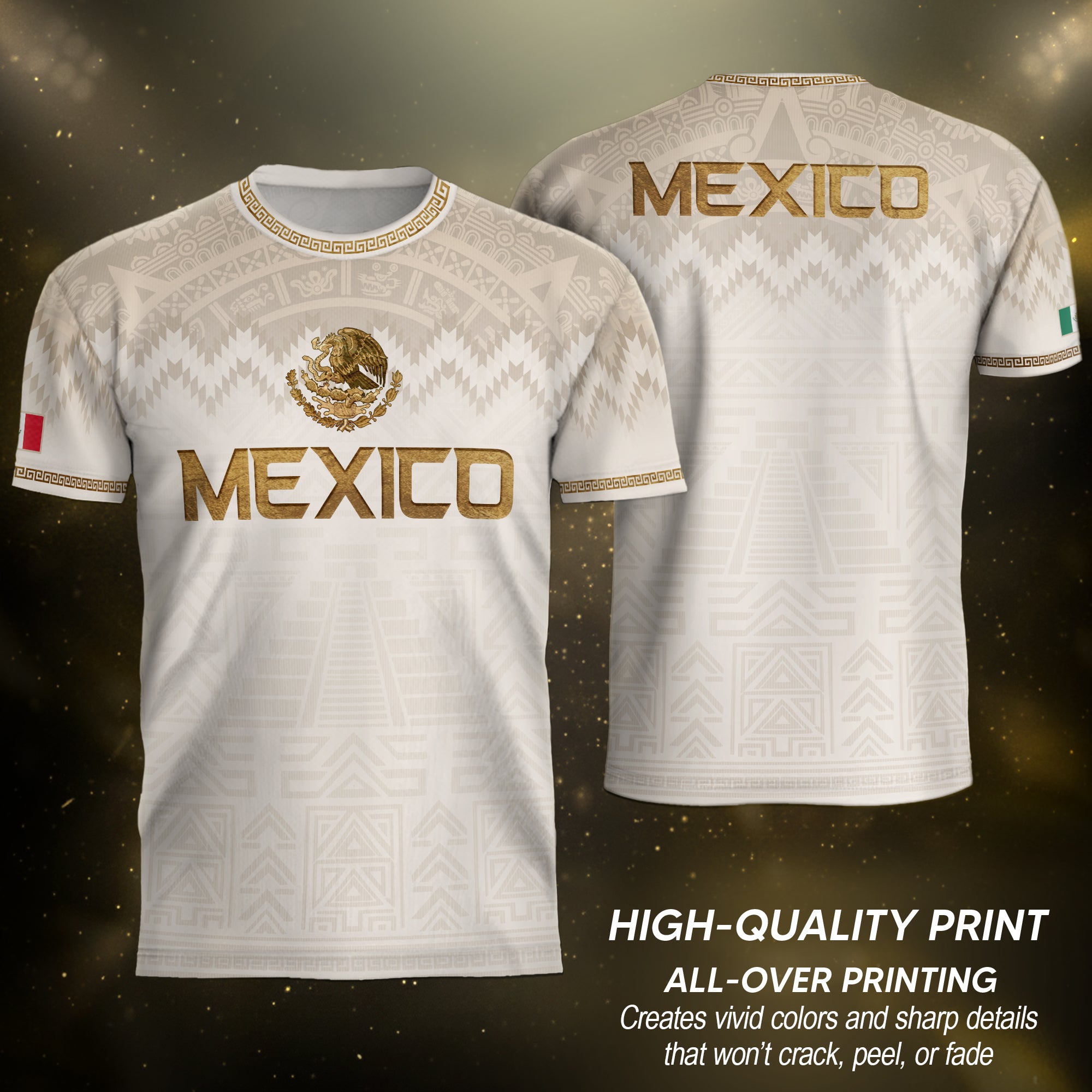 Mexico Heritage Orgullo Mexicano Beige Gold Aztec Pyramid Sun Stone Soccer Jersey