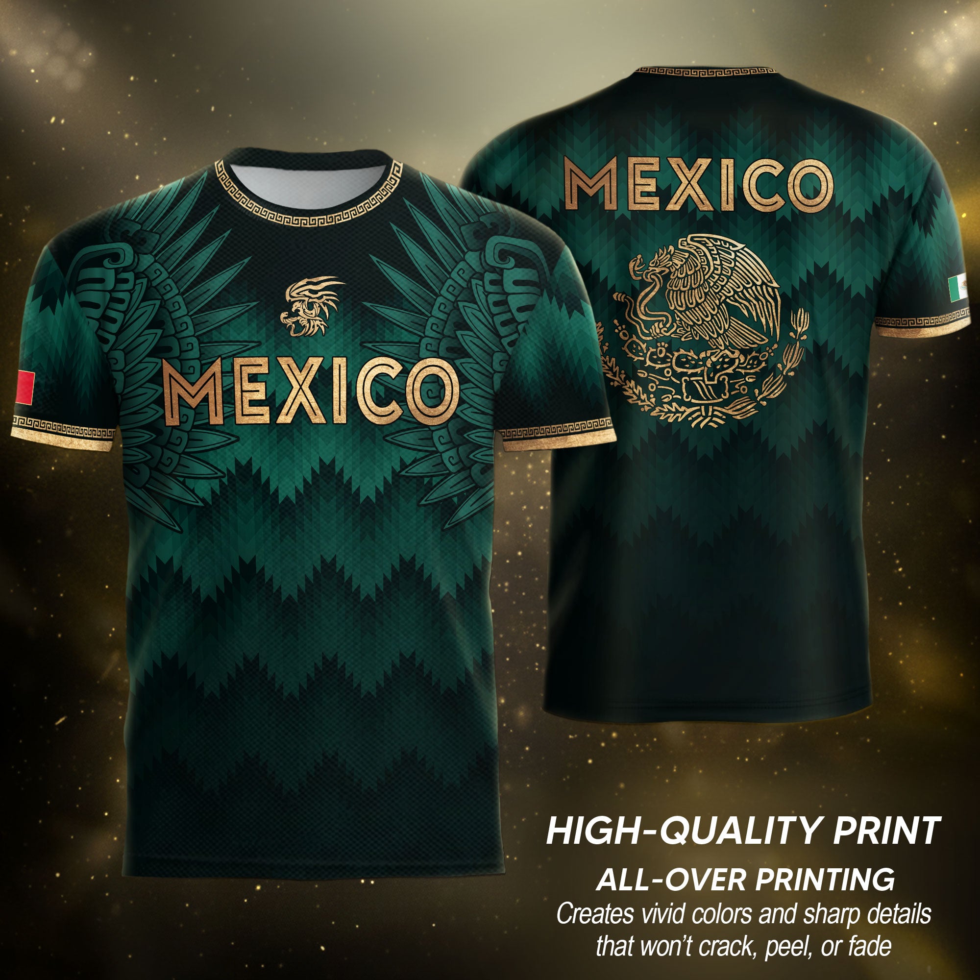 Mexico Coat of Arms Green Gold Aztec Ziczac Pattern Wing Graphic Heritage Soccer Jersey