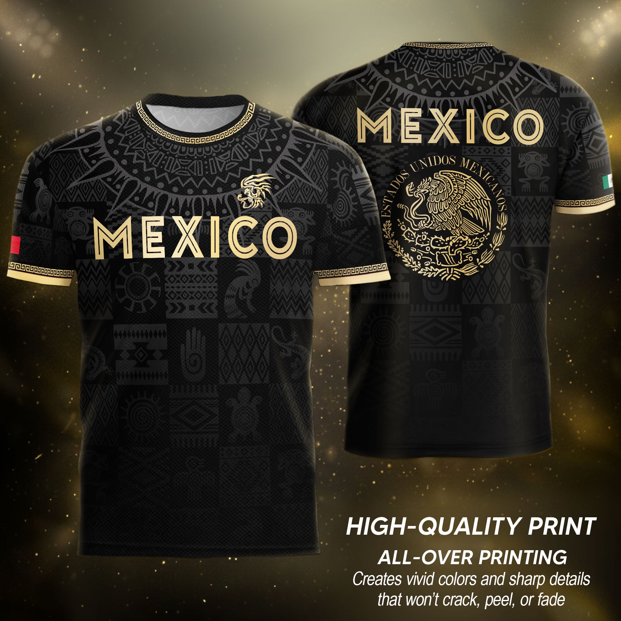 Mexico Coat of Arms Black Gold Ancient Mayan Aztec Symbols Soccer Jersey