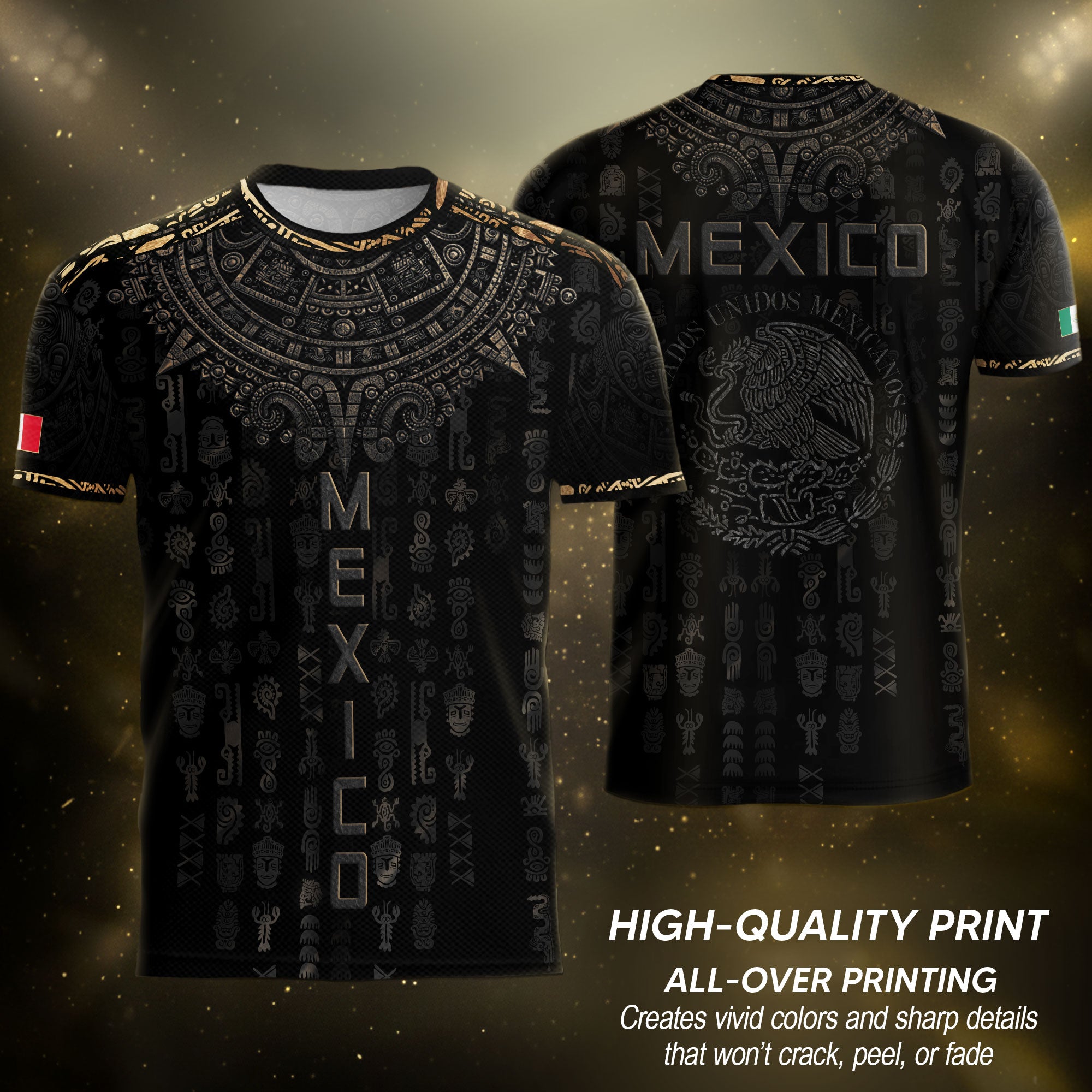 Mexico Heritage Orgullo Mexicano Black Bronze Ancient Mask Aztec Calendar Soccer Jersey