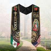 Mexican Graduation Stole Class of 2026 Aztec Eagle Cross Virgin Mary Mexico USA Flag Sash