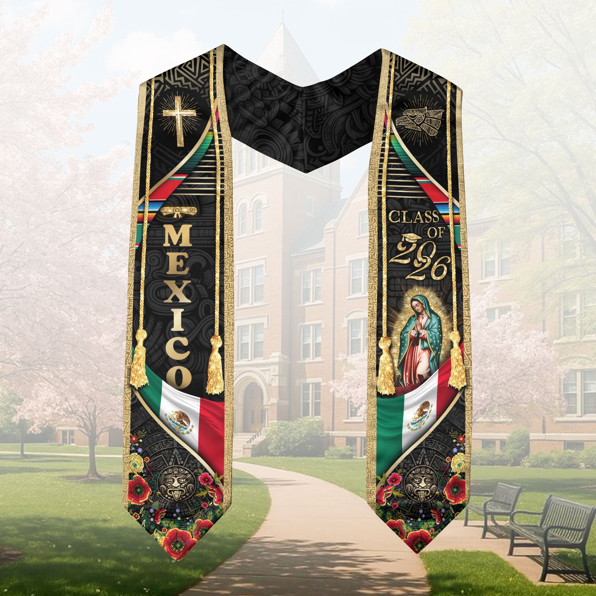 Mexican Graduation Stole Class of 2026 Aztec Calendar Cross Virgin Mary Mexico Flag Sash