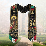 Mexican Graduation Stole Class of 2026 Aztec Eagle Cross Virgin Mary Floral Mexico Flag Sash