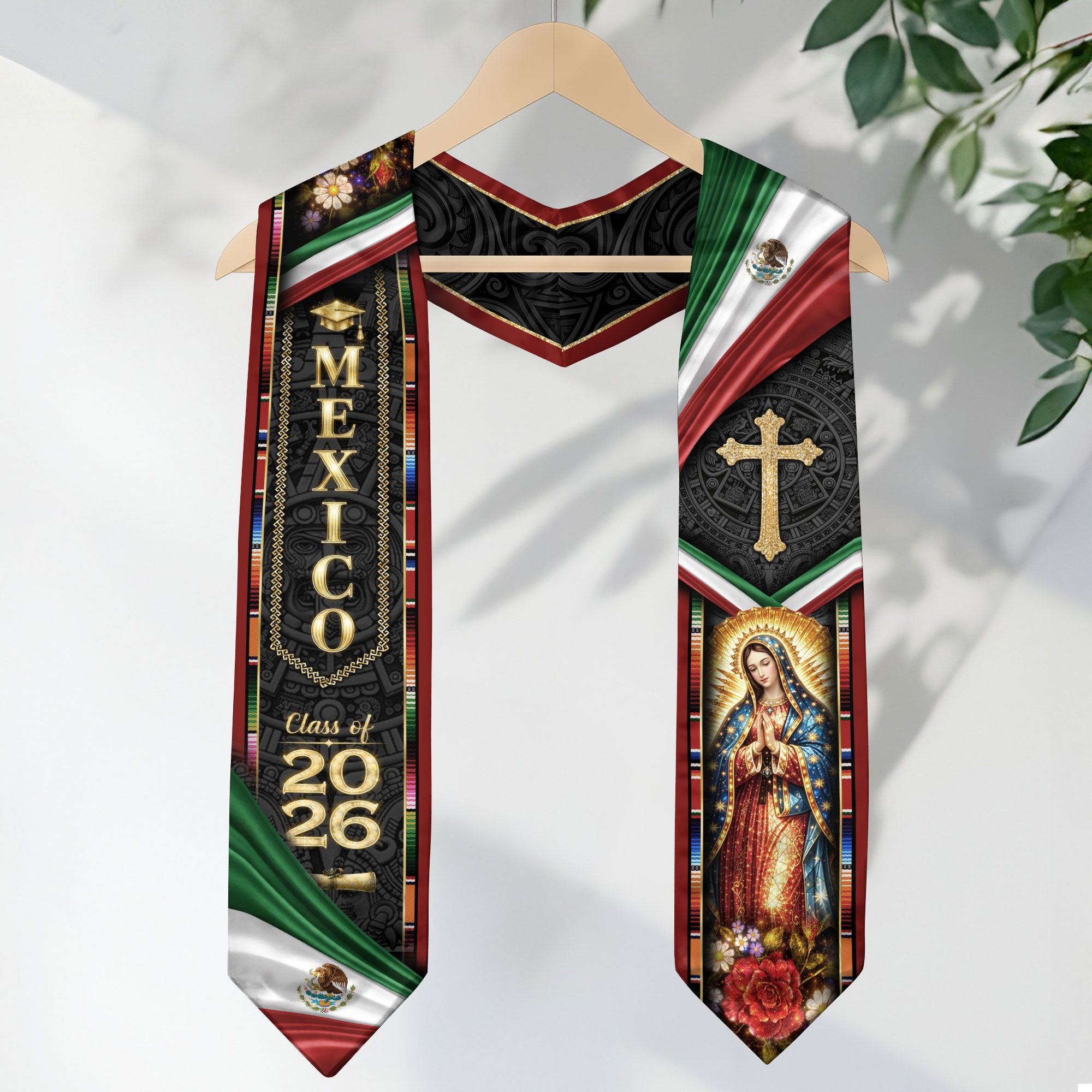 Mexican Graduation Stole Class of 2026 Aztec Virgin Mary Cross Mexico Flag Serape Sash