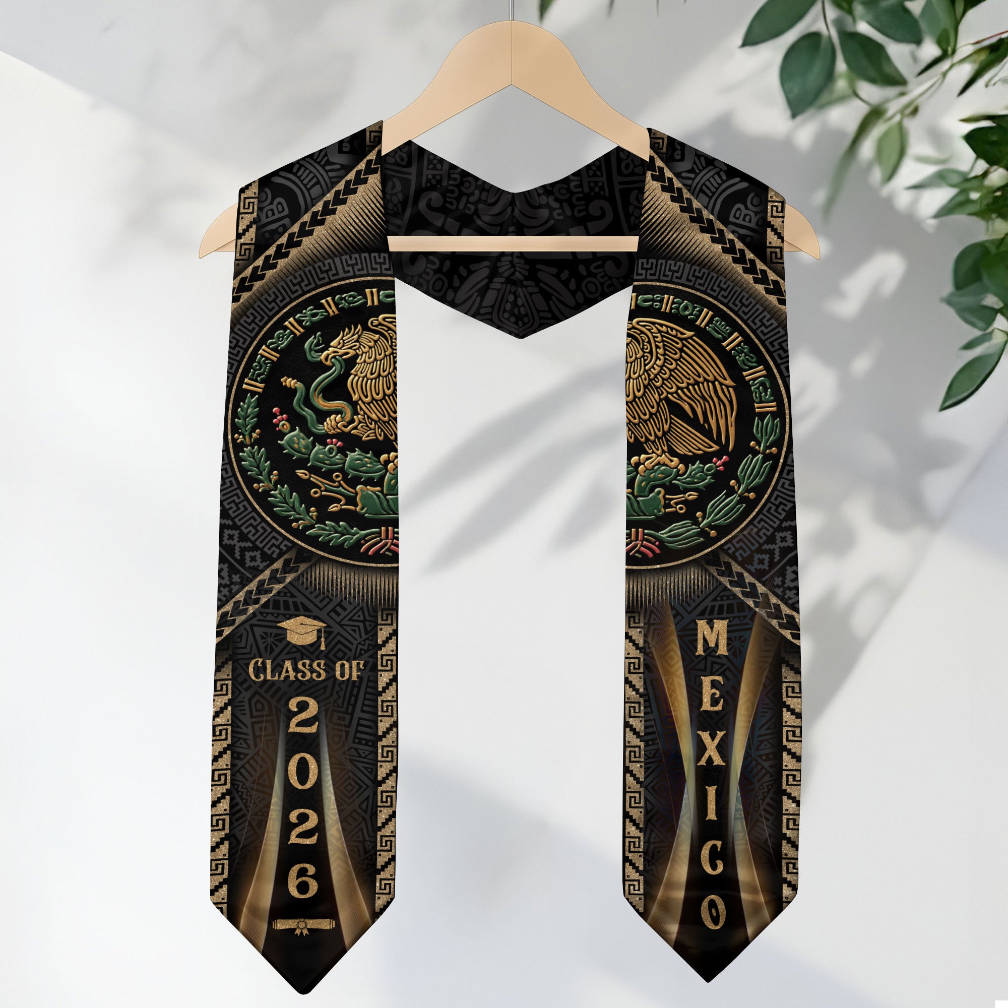 Mexican Graduation Stole Class of 2026 Aztec Calendar Eagle Emblem Gold Mexico Sash