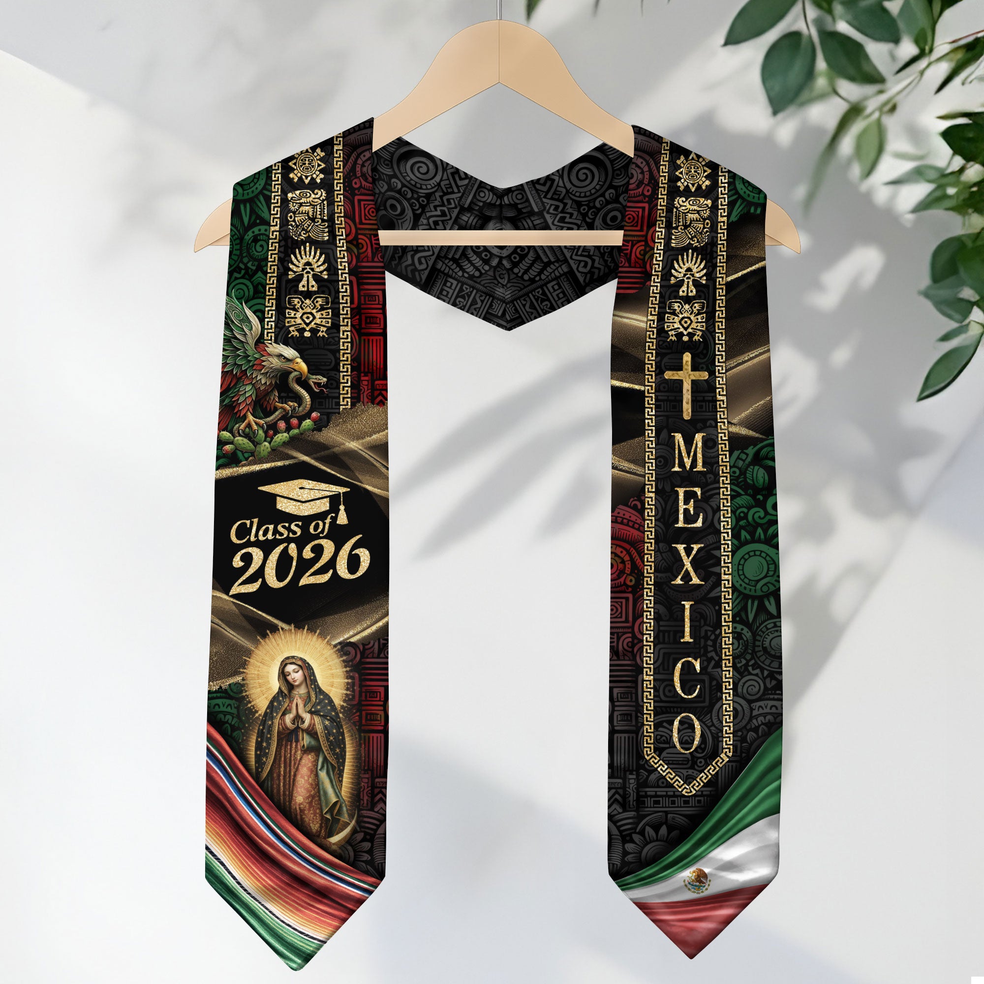Mexican Graduation Stole Class of 2026 Aztec Eagle Virgin Mary Cross Mexico Flag Serape Sash