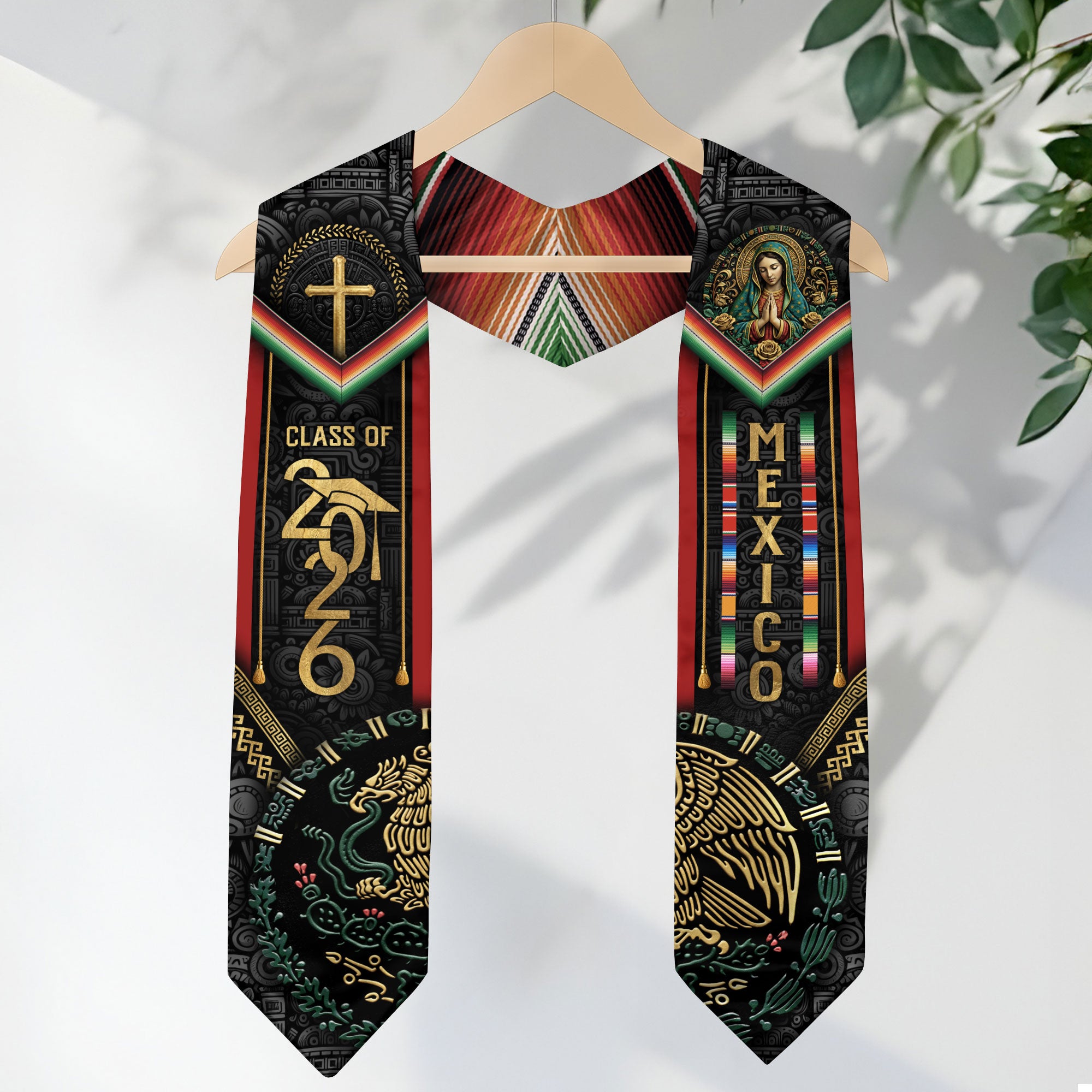 Mexican Graduation Stole Class of 2026 Aztec Calendar Eagle Cross Virgin Mary Mexico Sash