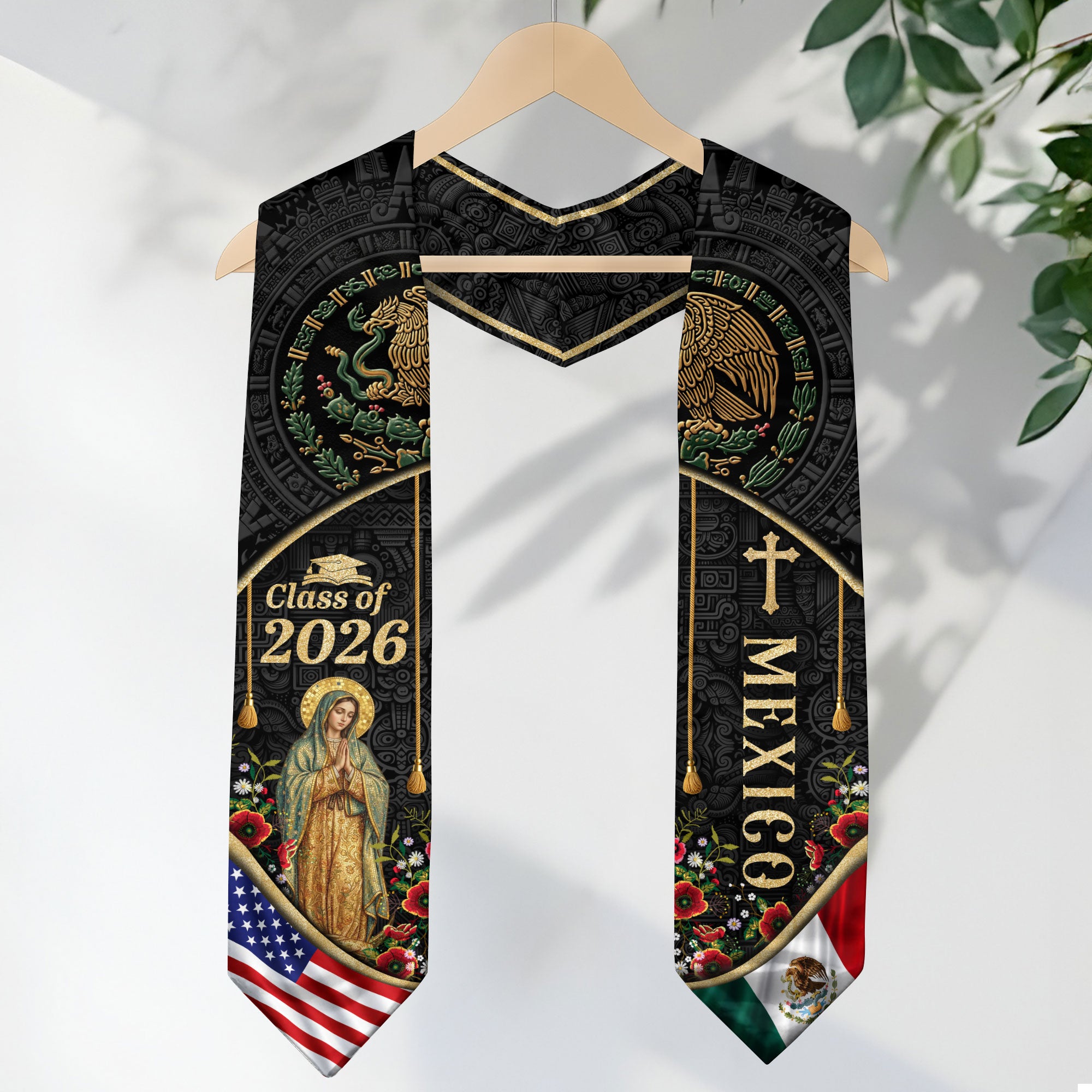Mexican American Graduation Stole 2026, Virgin Mary & Eagle Heritage Serape