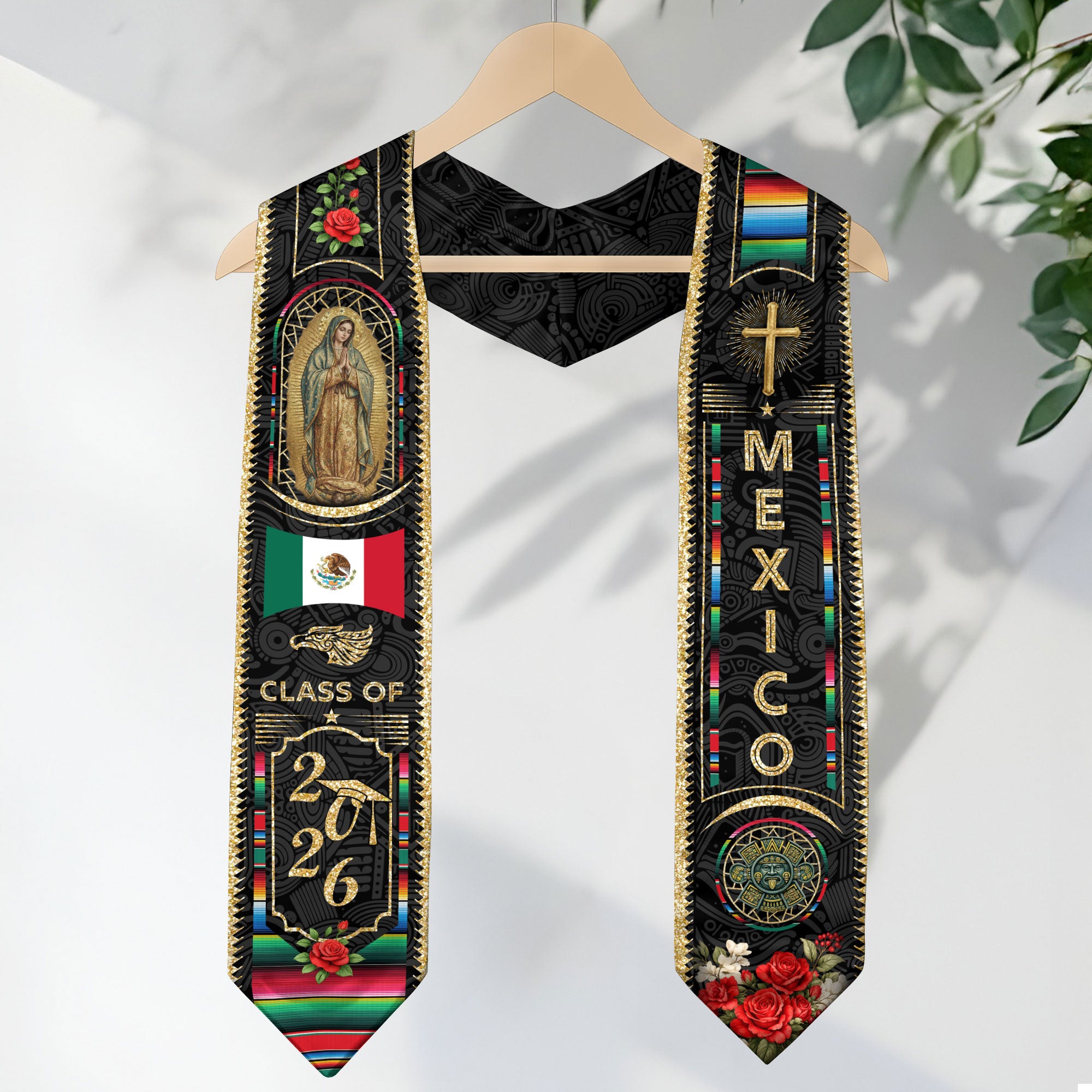Mexico Graduation Stole Class of 2026, Virgin Mary & Aztec Calendar Heritage