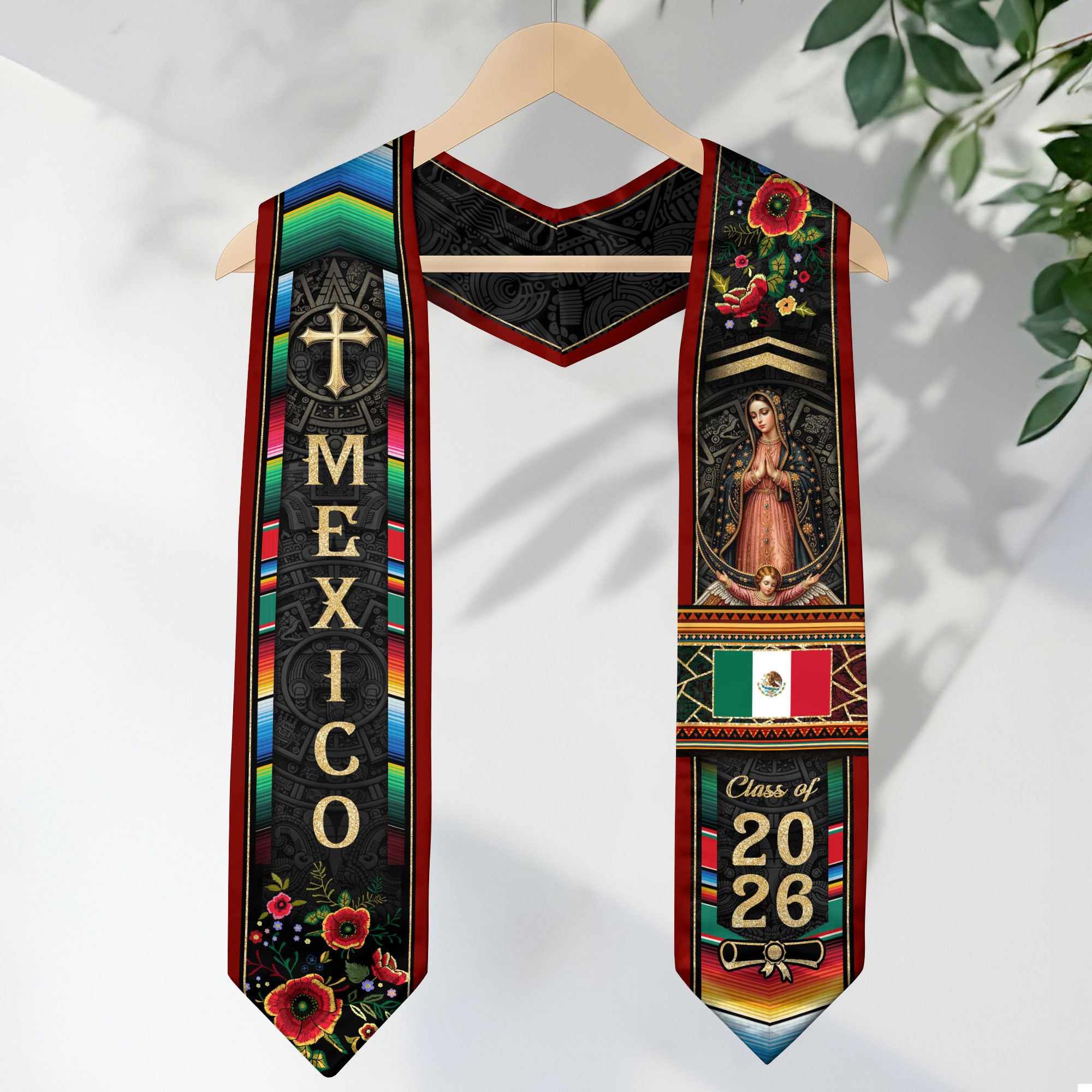 Virgin Mary Mexico Graduation Stole 2026, Golden Cross & Serape Flag Heritage