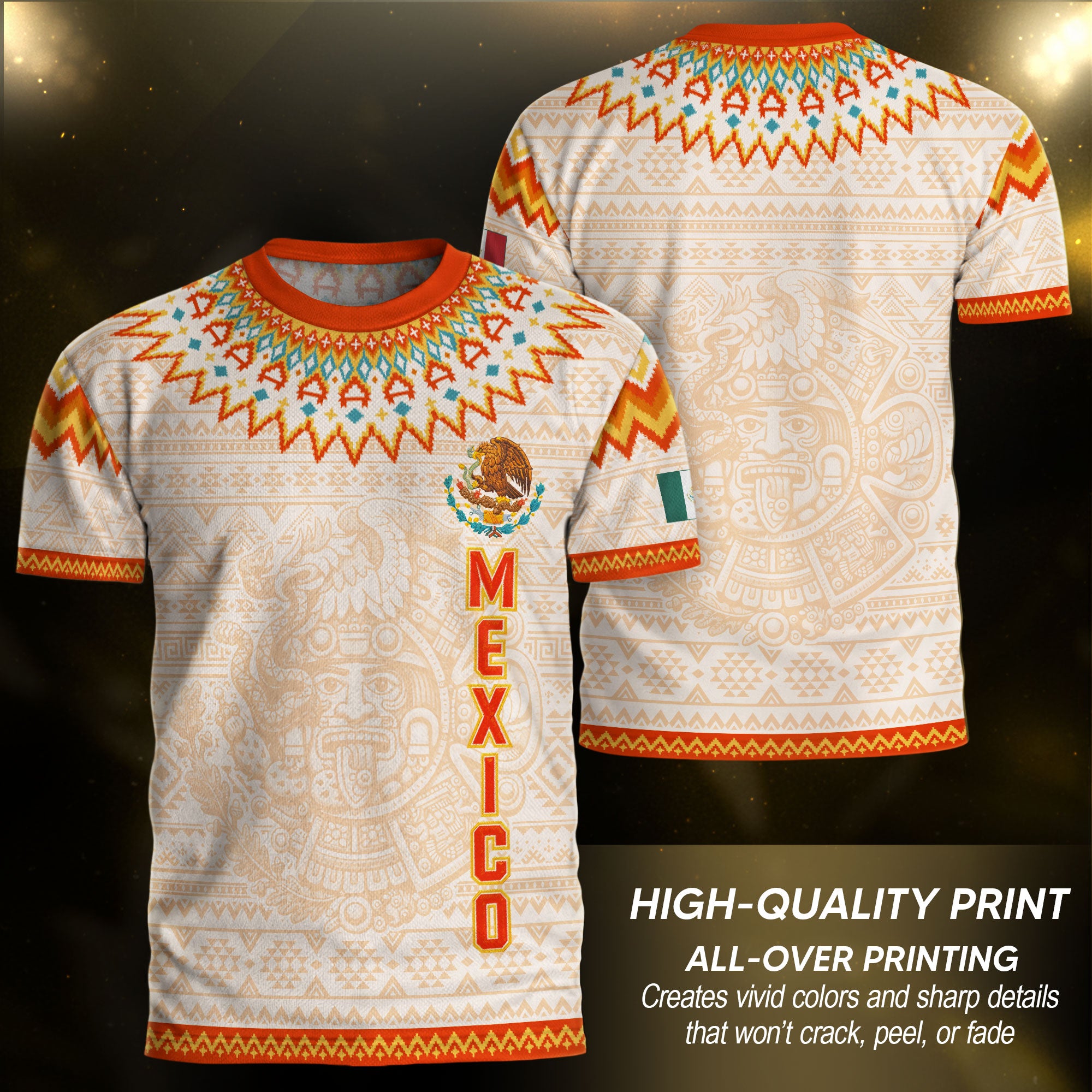 Mexico Cream Orange Heritage Soccer Jersey, Aztec Pattern Mexican Roots Design Jersey For Men