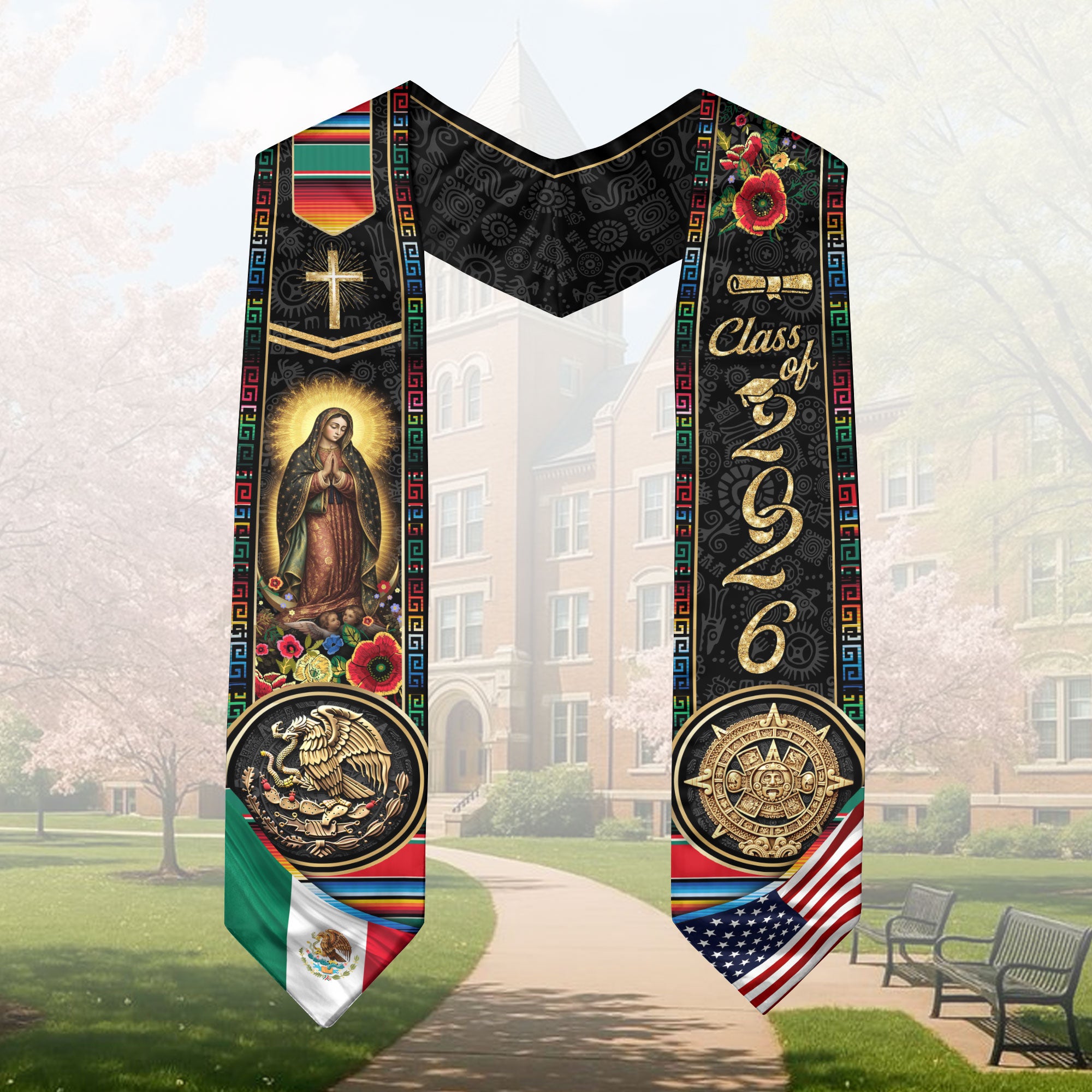 Class of 2026 Mexico Graduation Stole, Eagle & Aztec Sun Stone Heritage Serape