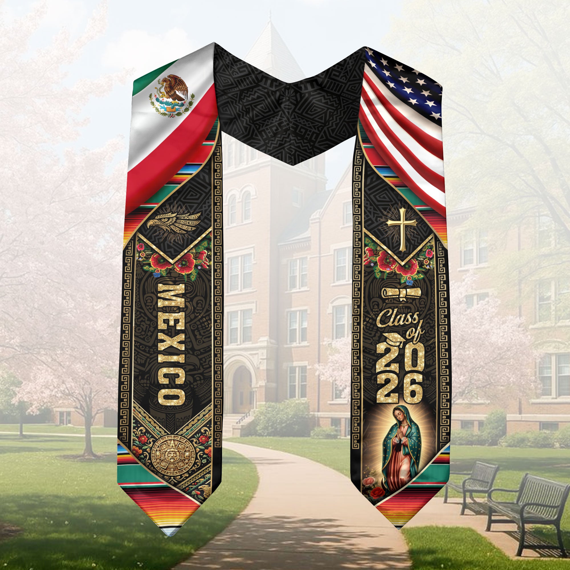 Mexico USA Graduation Stole Class of 2026, Virgin Mary & Eagle Heritage