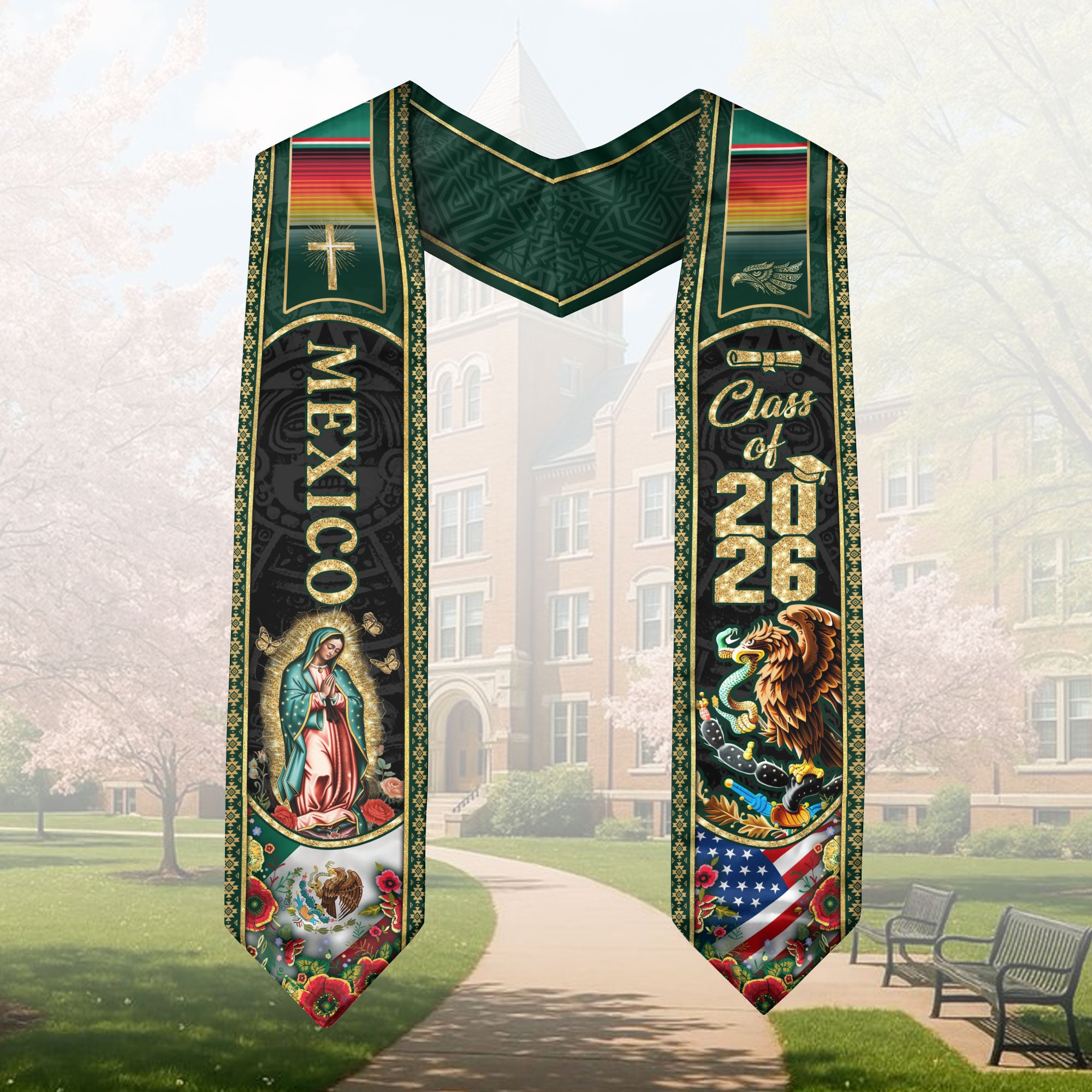 Virgin Mary Mexico Graduation Stole 2026, Golden Cross & US Mexico Flag