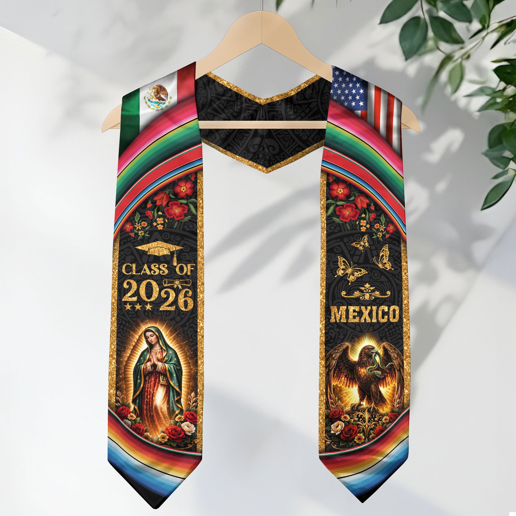 Mexico Graduation Stole Class of 2026 Virgin Mary Guadalupe Eagle US Flag Serape Sash