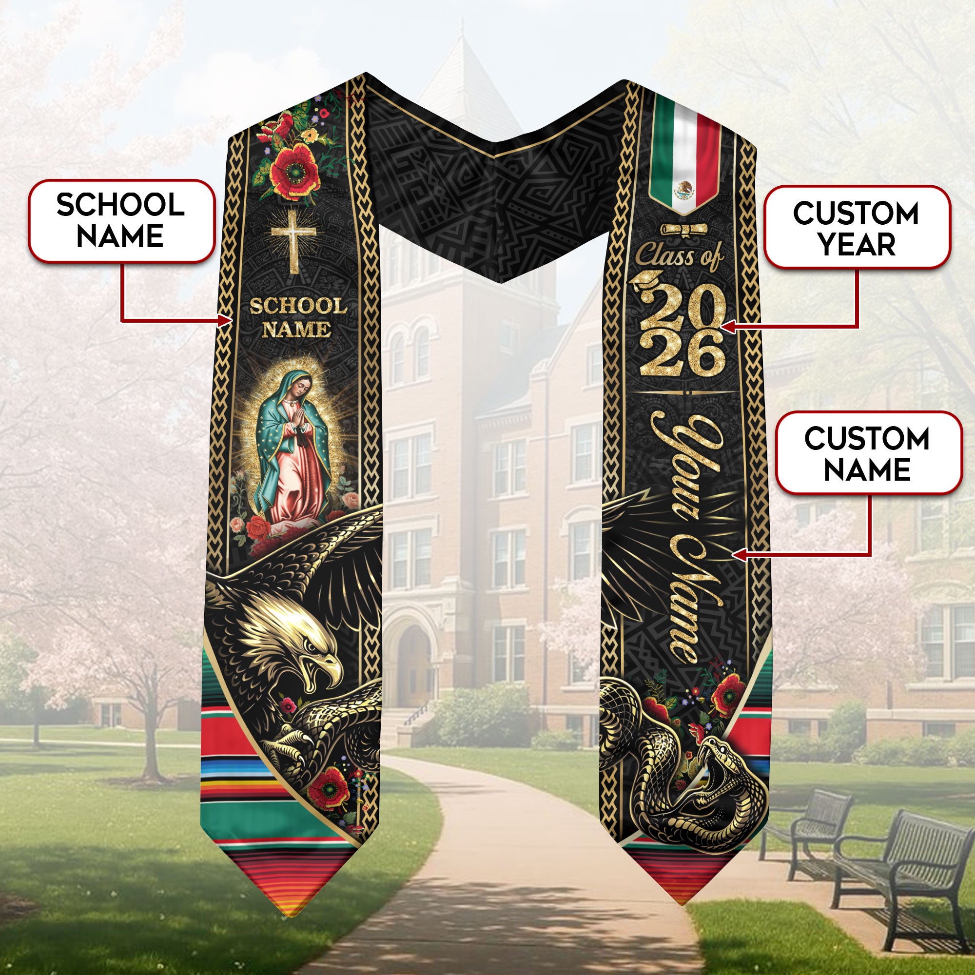 Custom Mexico Graduation Stole 2026 Virgin Mary Eagle Snake Catholic Mexican Heritage Sash