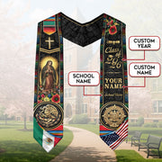 Custom Mexico USA Graduation Stole 2026 Virgin of Guadalupe Aztec Calendar Heritage Sash