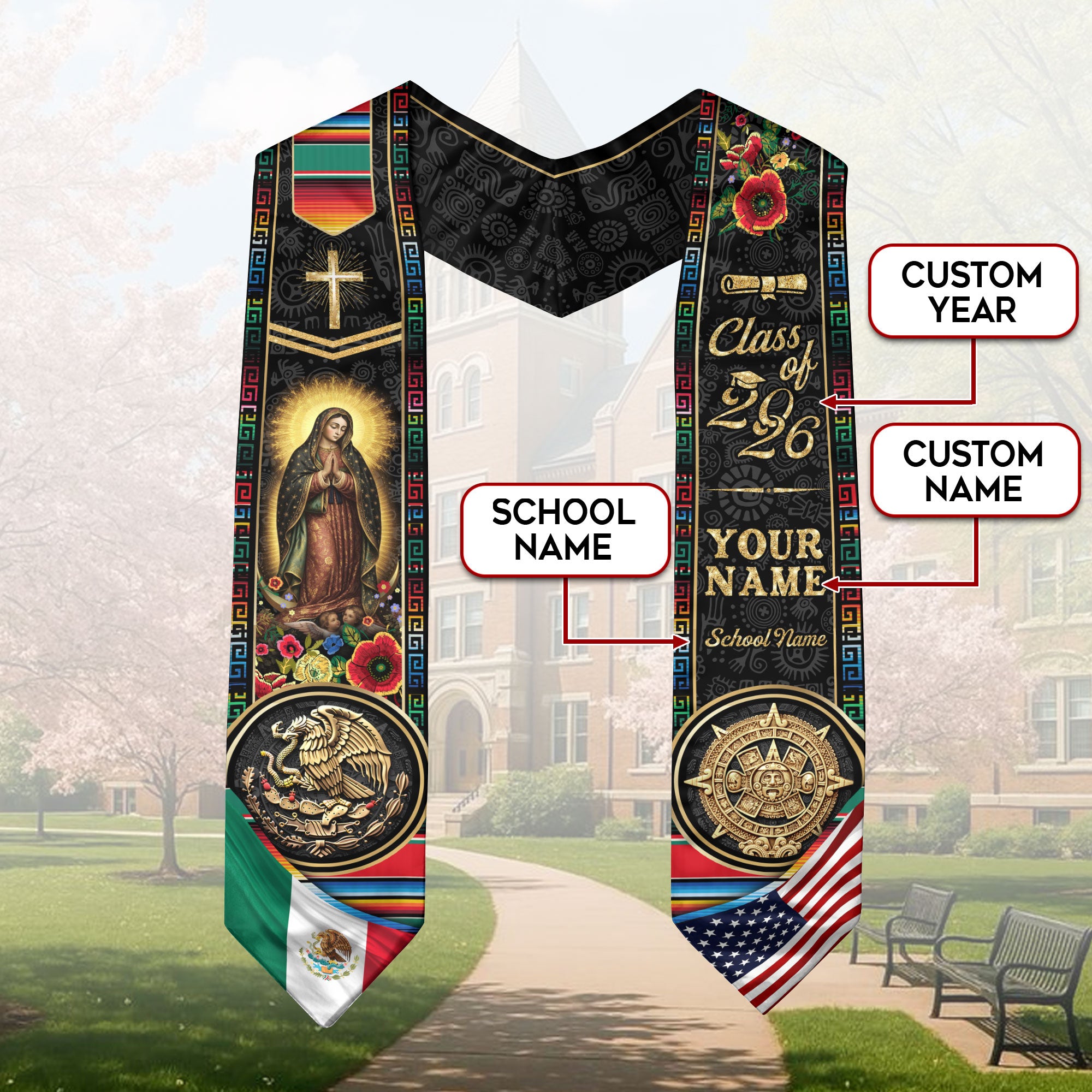 Custom Mexico USA Graduation Stole 2026 Virgin of Guadalupe Aztec Calendar Heritage Sash