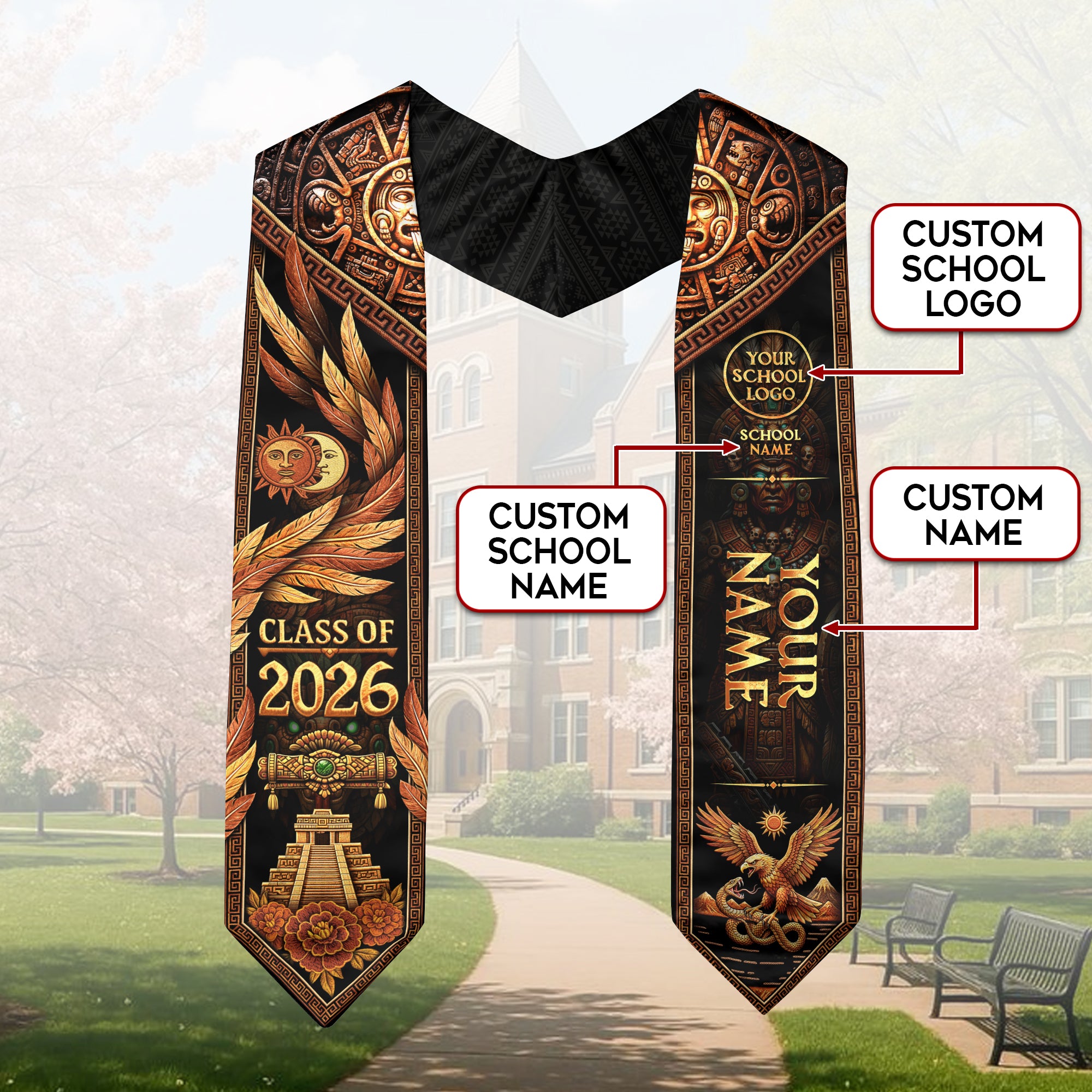 Custom Mexico Graduation Stole 2026 Personalized Name School Logo Aztec Eagle Sash