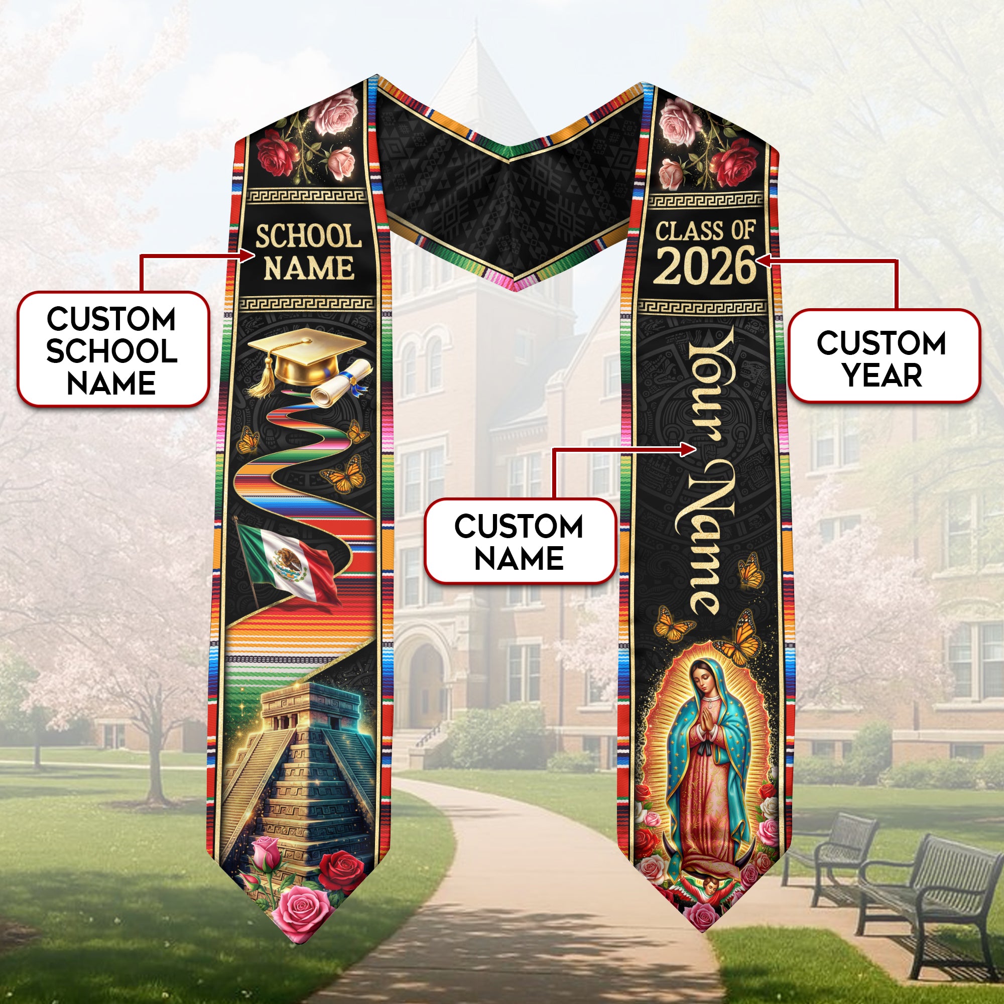 Mexico Graduation Stole Class of 2026 Custom Name Virgin Mary Sacred Heart Sash