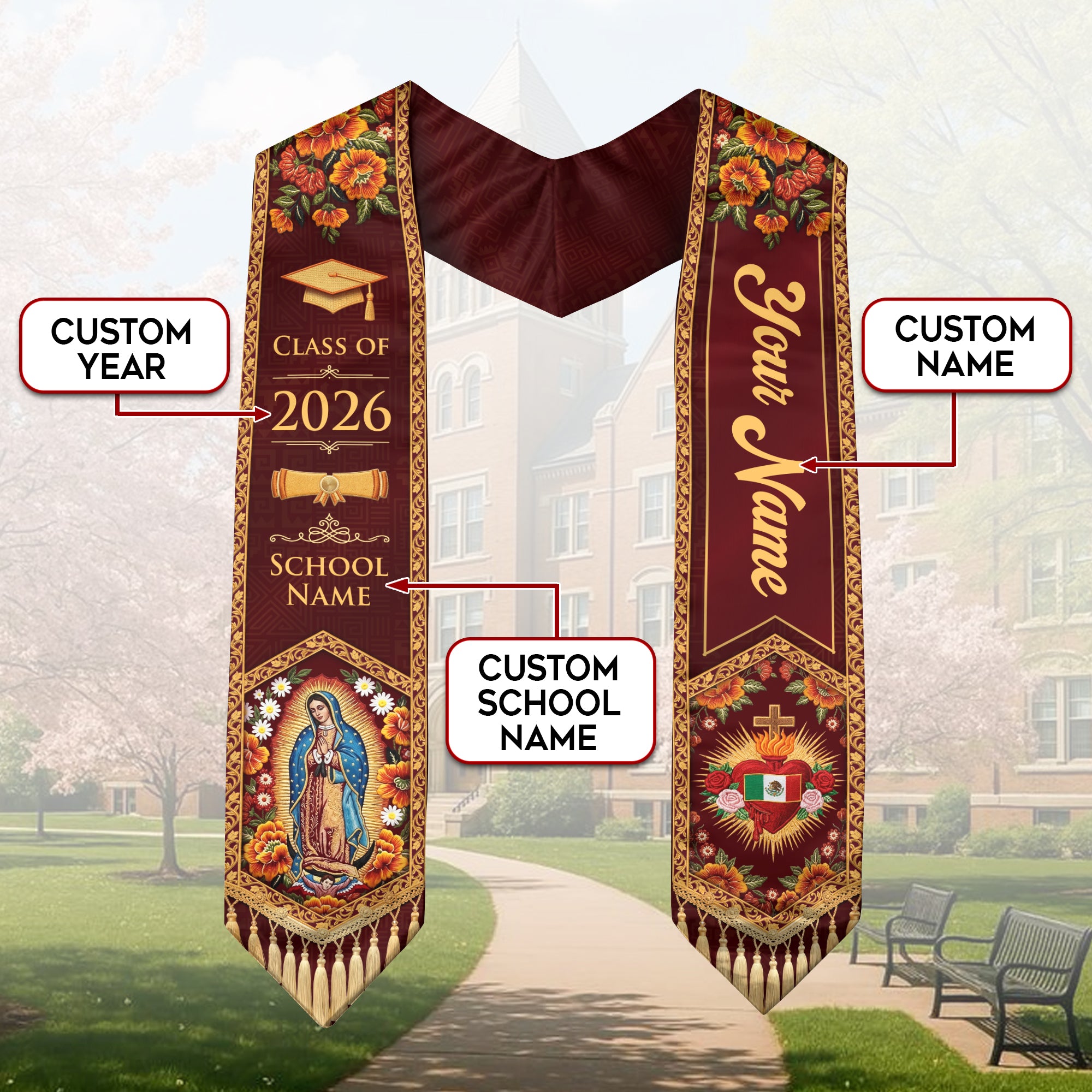 Custom Mexico Graduation Stole 2026 Personalized Name Sacred Heart Heritage Sash