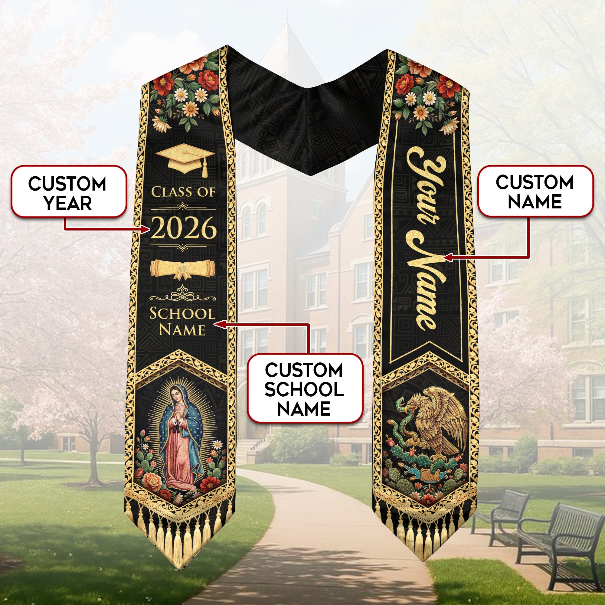 Mexico Graduation Stole Custom Name Class of 2026 Virgin Mary Aztec Eagle Heritage Sash