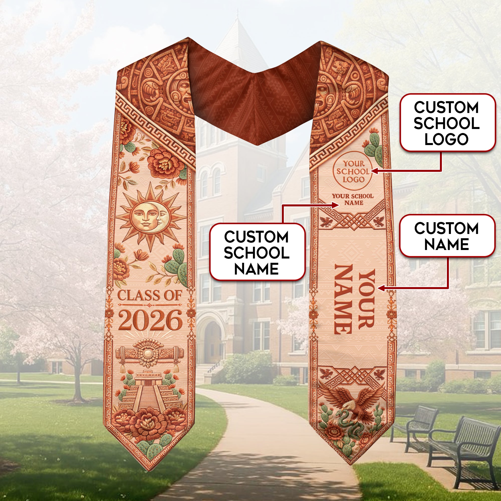 Mexico Graduation Stole 2026 School Logo Personalized Name Aztec Eagle Sash