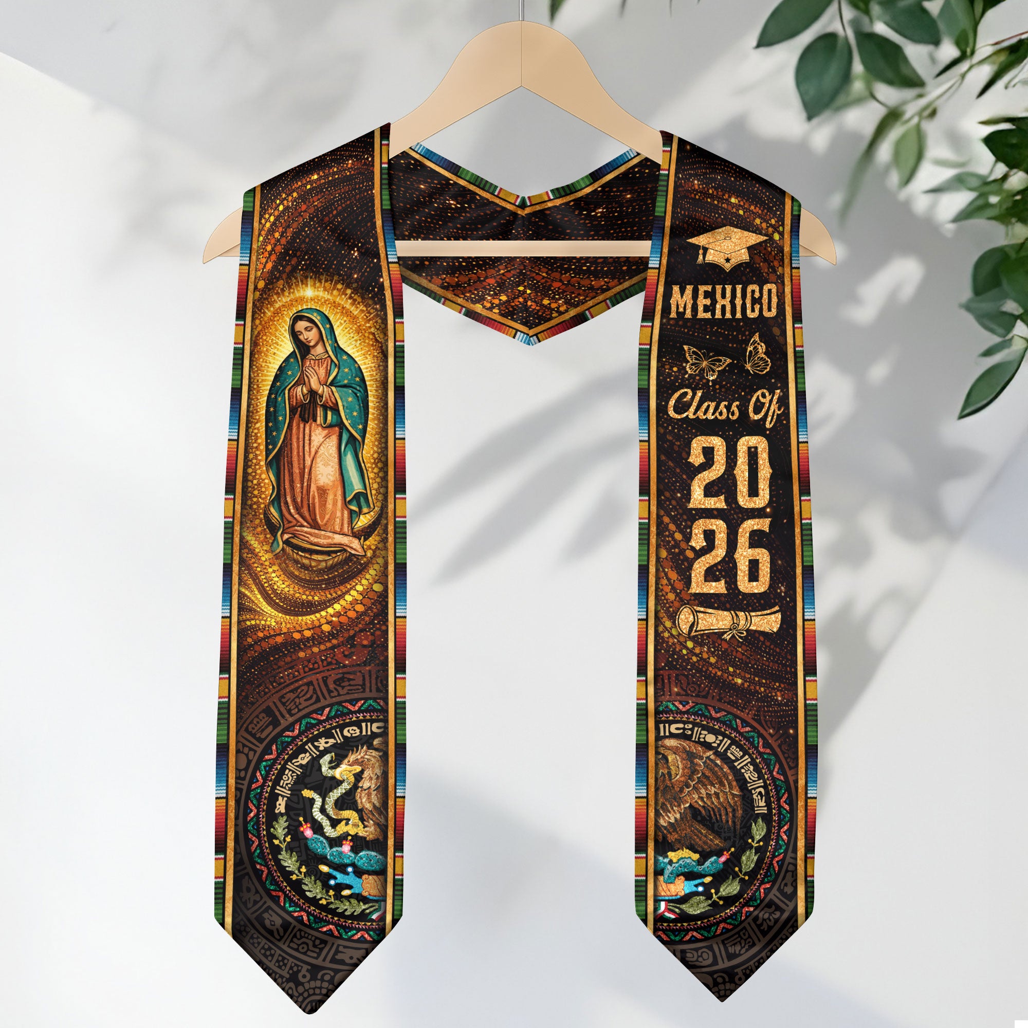 Mexico Graduation Stole Class of 2026 Virgin of Guadalupe Aztec Calendar Serape Sash