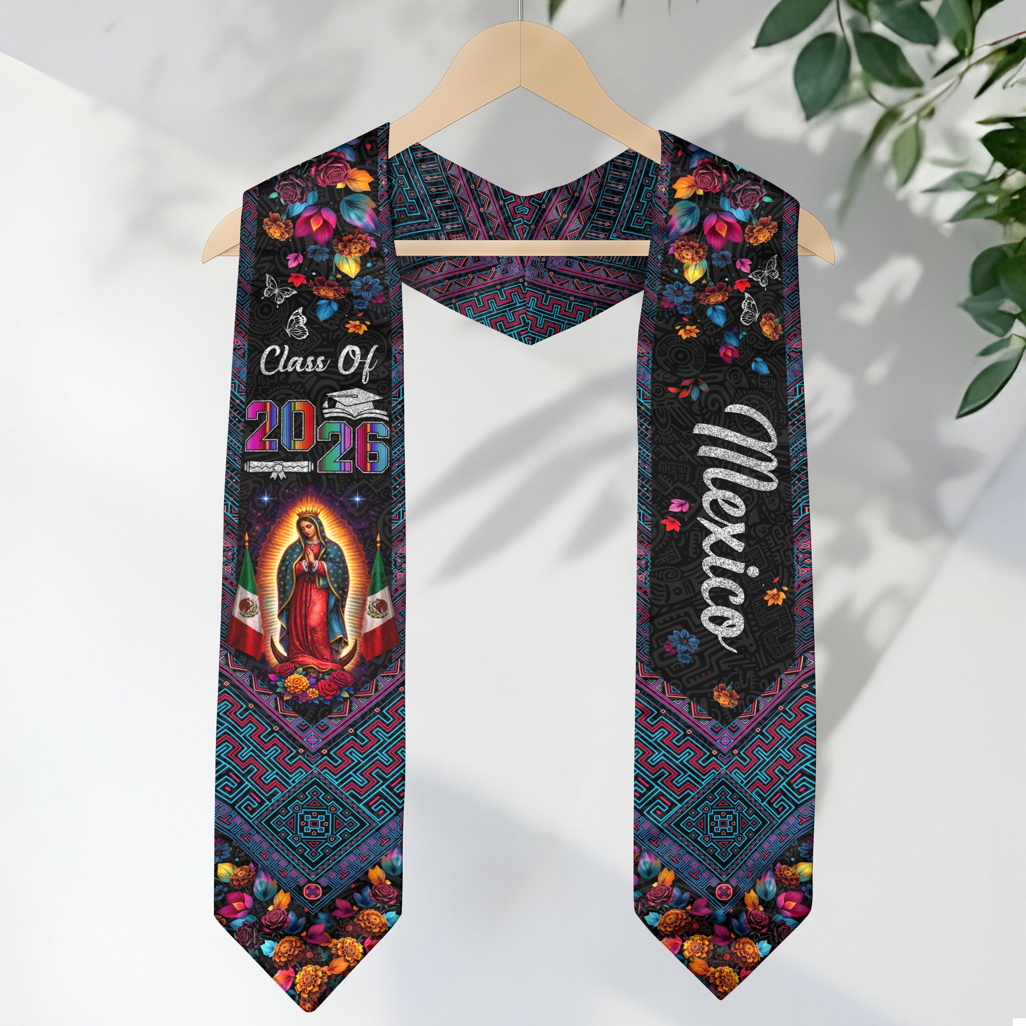 Class of 2026 Mexico Graduation Stole Virgin Guadalupe Floral Cultural Kente Sash