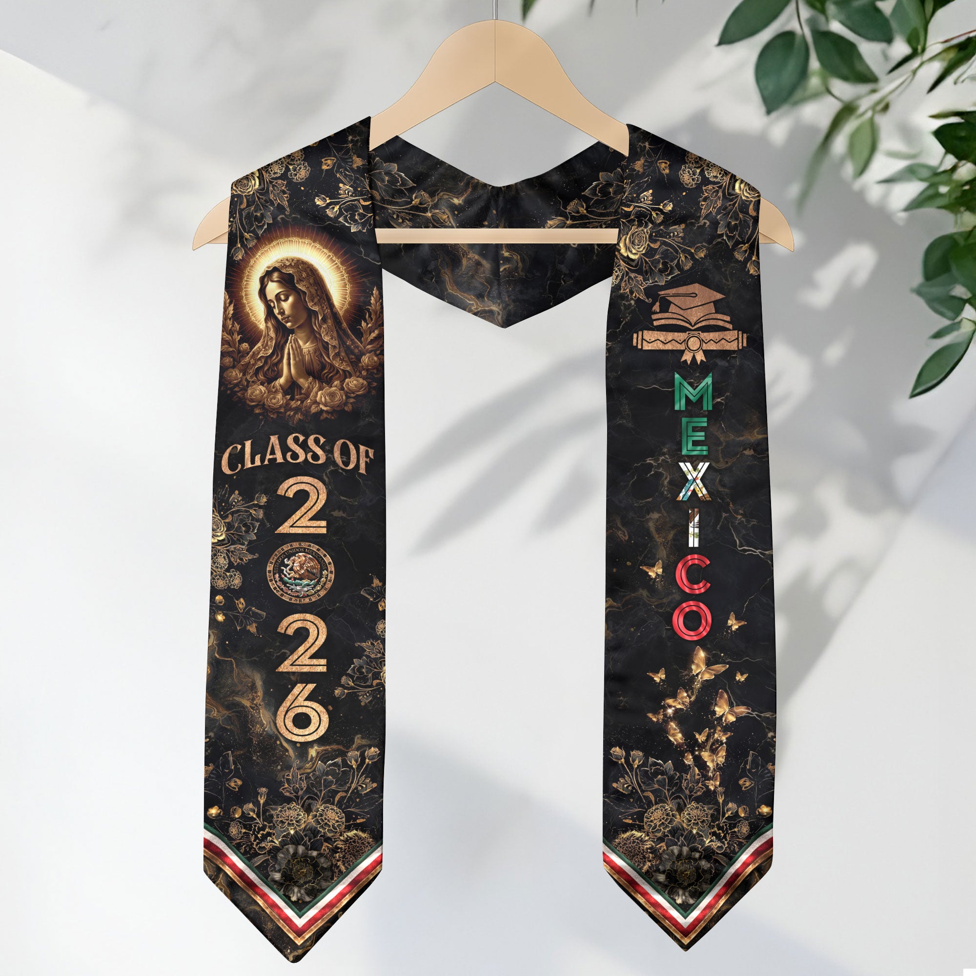 Mexico Graduation Stole Class of 2026 Virgin of Guadalupe Floral Heritage Sash