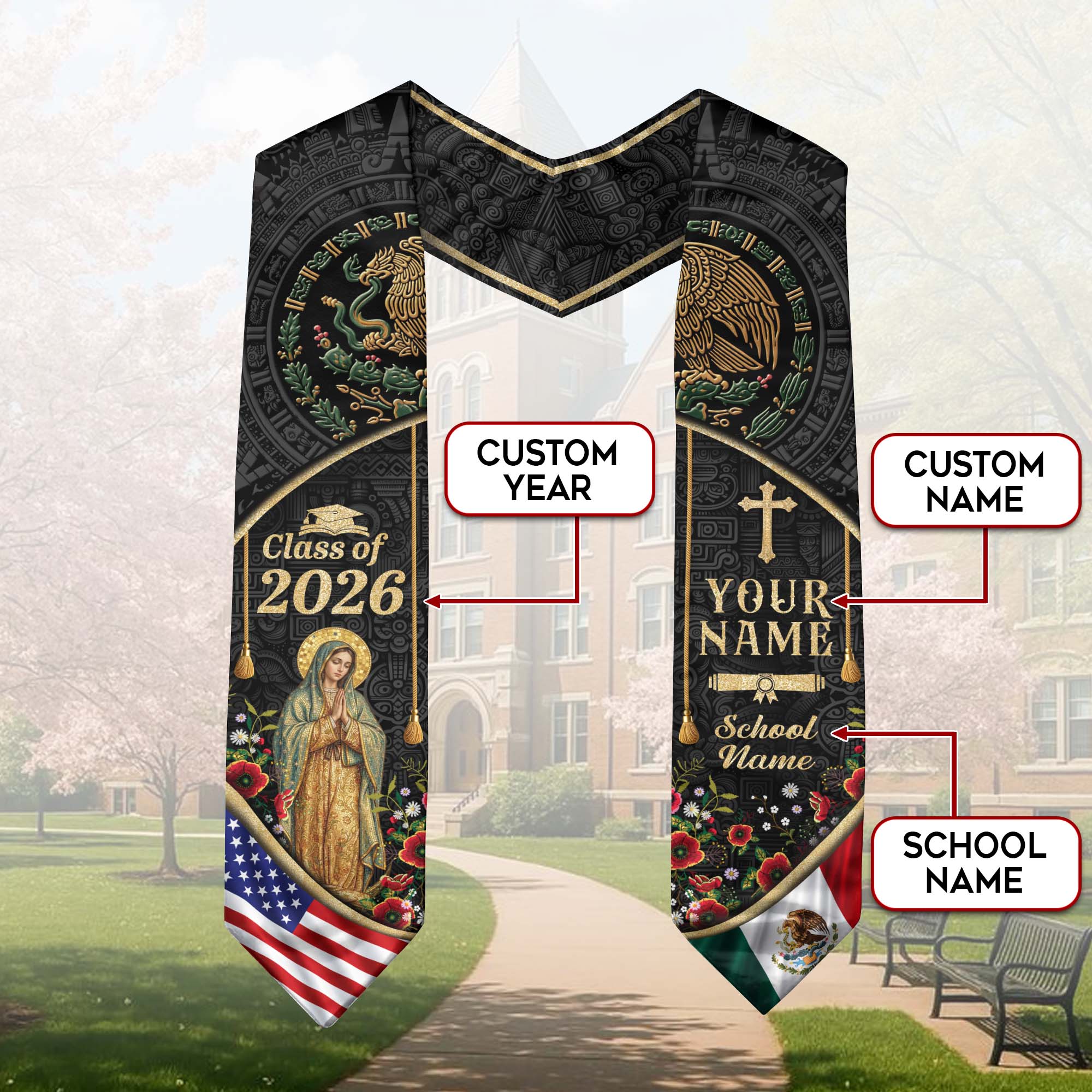 Mexico Graduation Stole Class of 2026 Custom Name Virgin Mary Aztec Eagle Sash