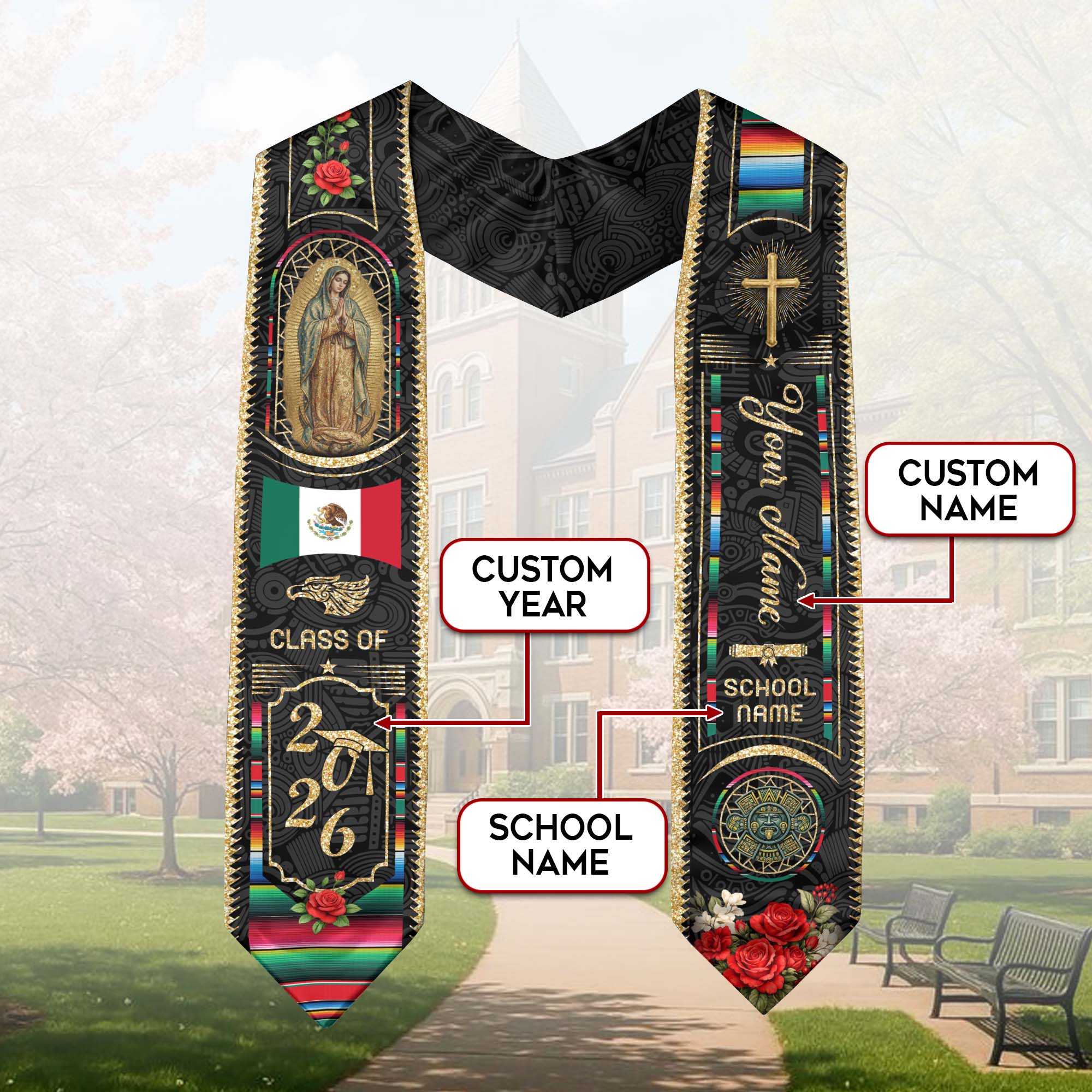 Custom Mexico Graduation Stole 2026 - Virgin of Guadalupe & Serape Aztec Sash
