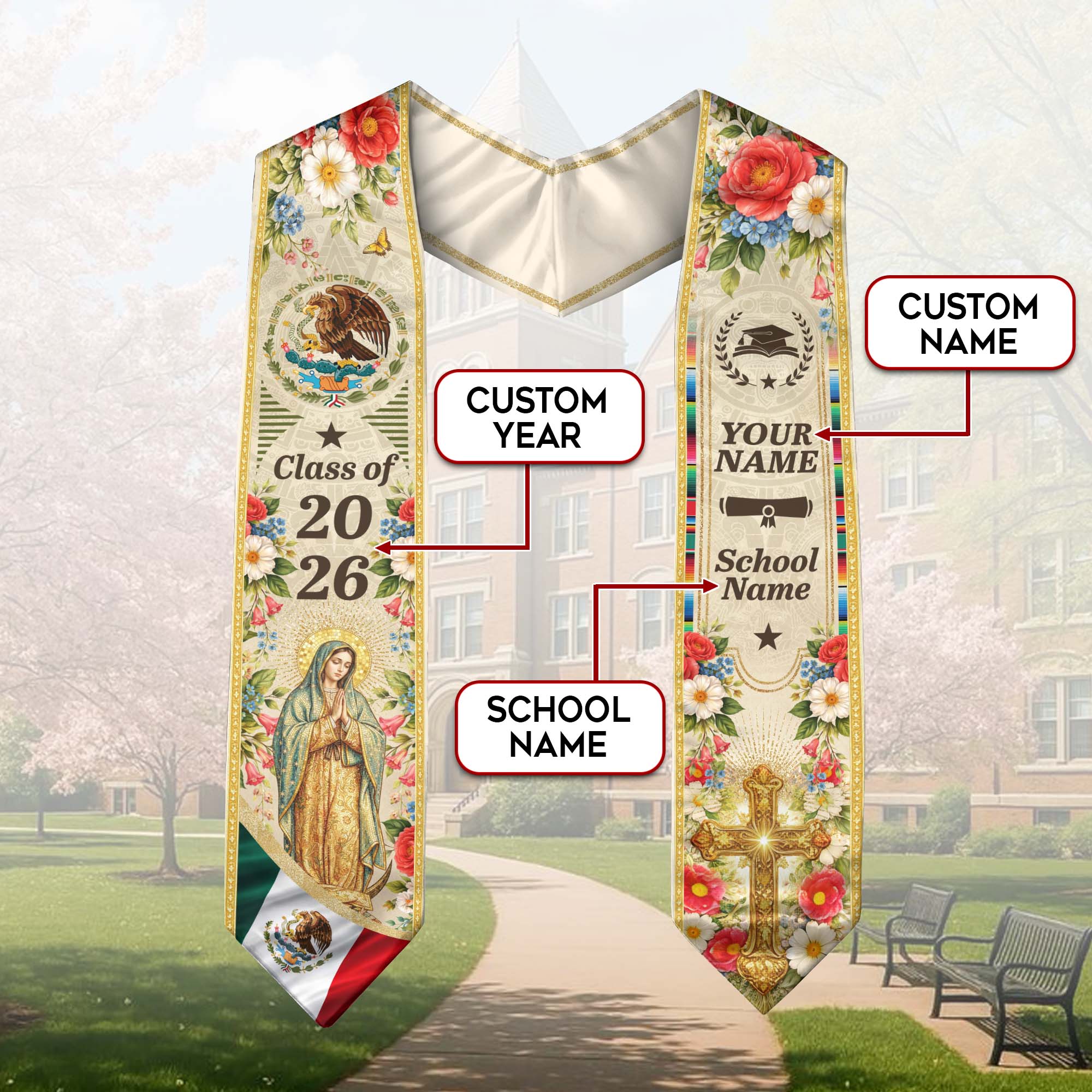 Personalized Mexican Graduation Stole - Class of 2026 Custom Name Floral Aztec Sash