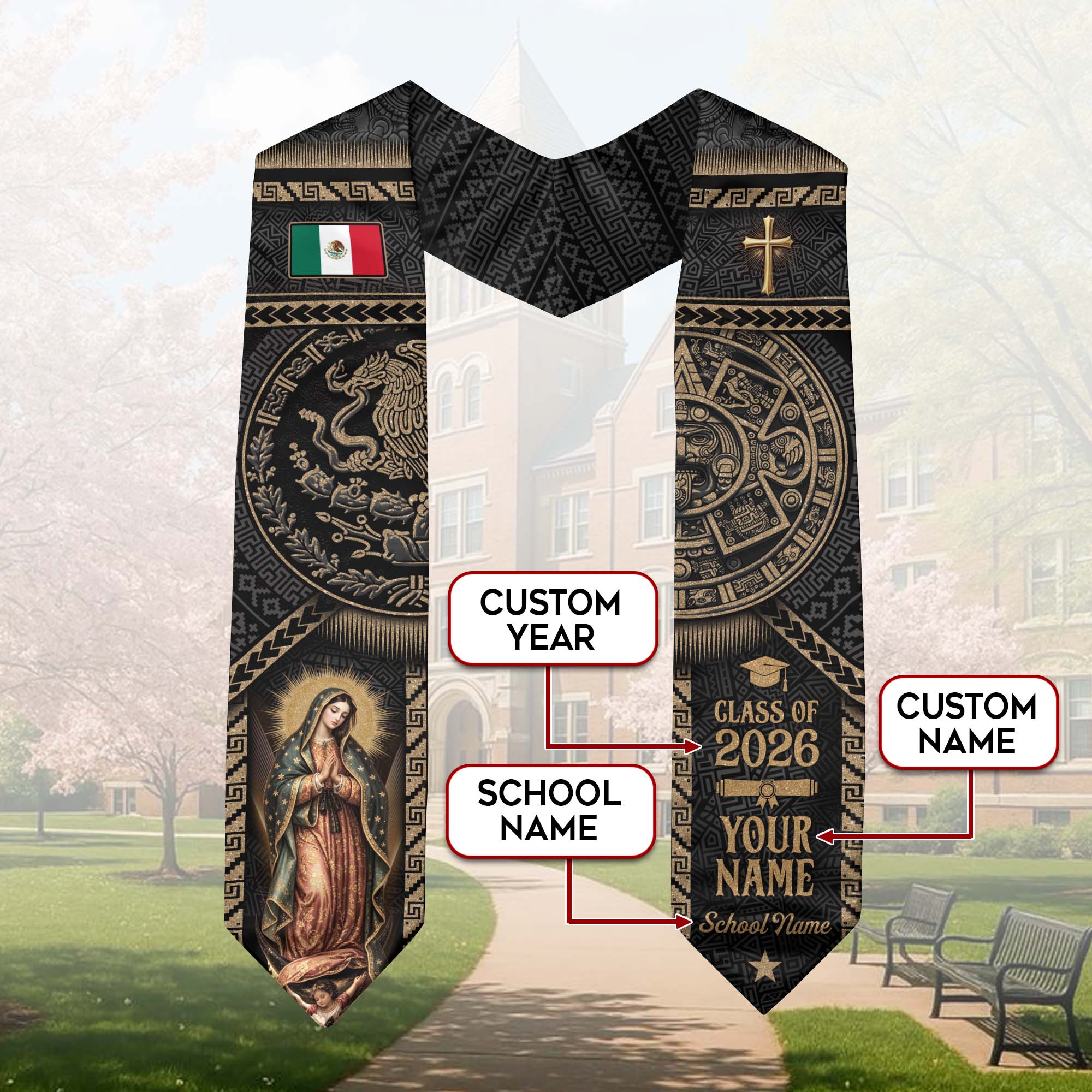 Personalized Mexican Graduation Stole - Class of 2026 Custom Name Gold Aztec Ethnic Sash