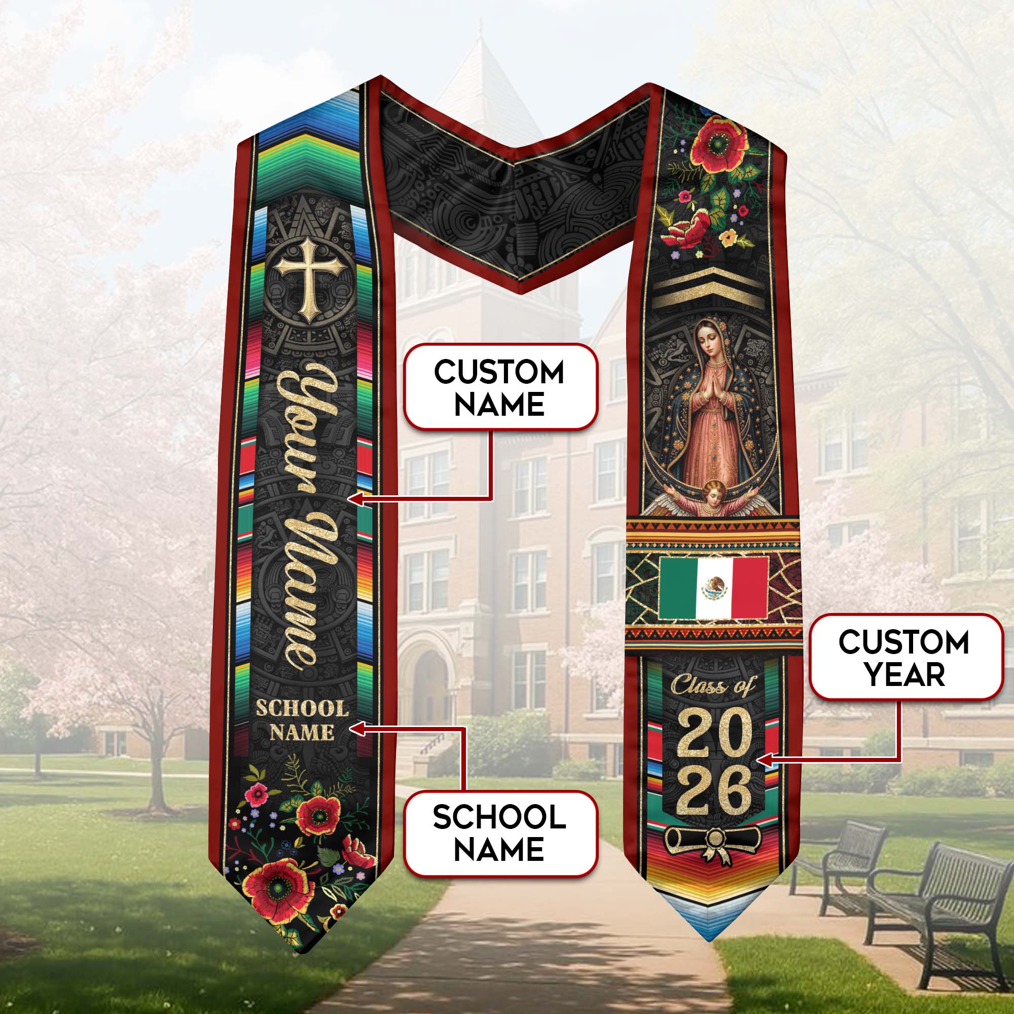 Custom Mexico Graduation Stole 2026 - Mexican Red Serape & Virgin of Guadalupe Sash