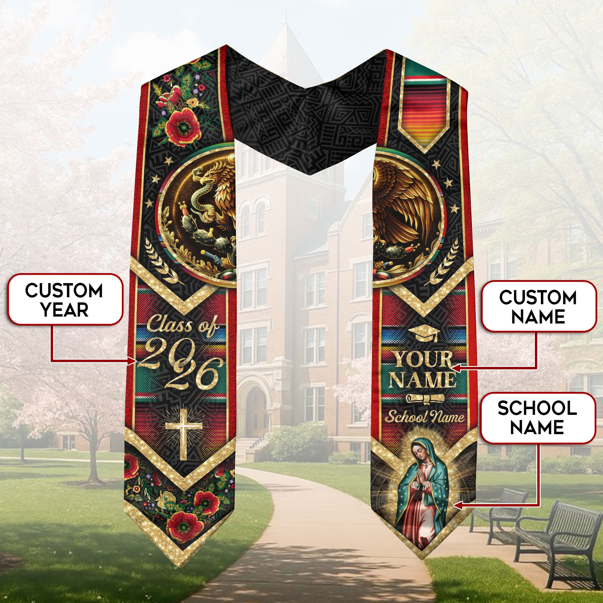 Custom Mexico Graduation Stole 2026 – Guadalupe Eagle Serape Sash Gift