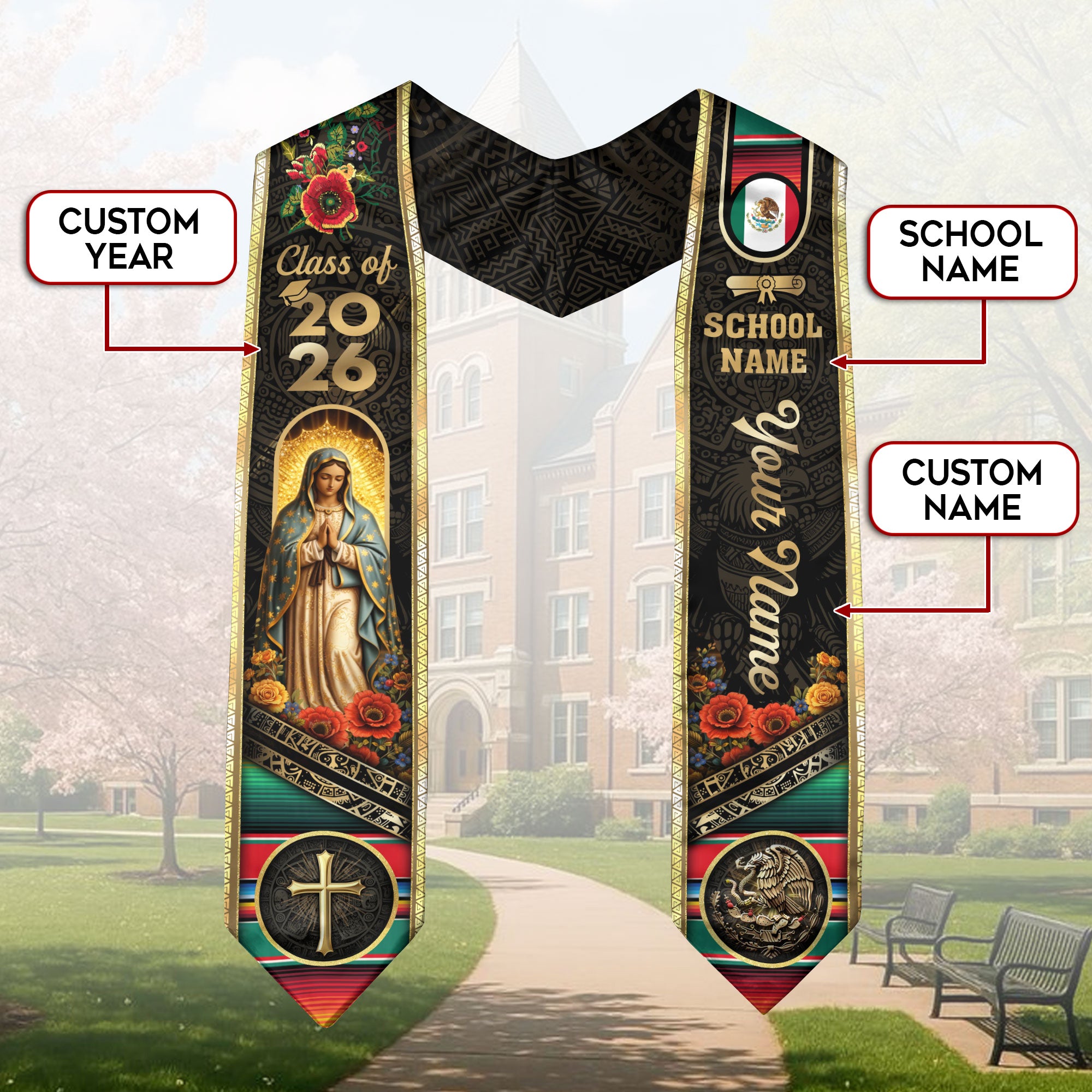 Mexico Class of 2026 Graduation Stole Custom Name Guadalupe Cross Sash
