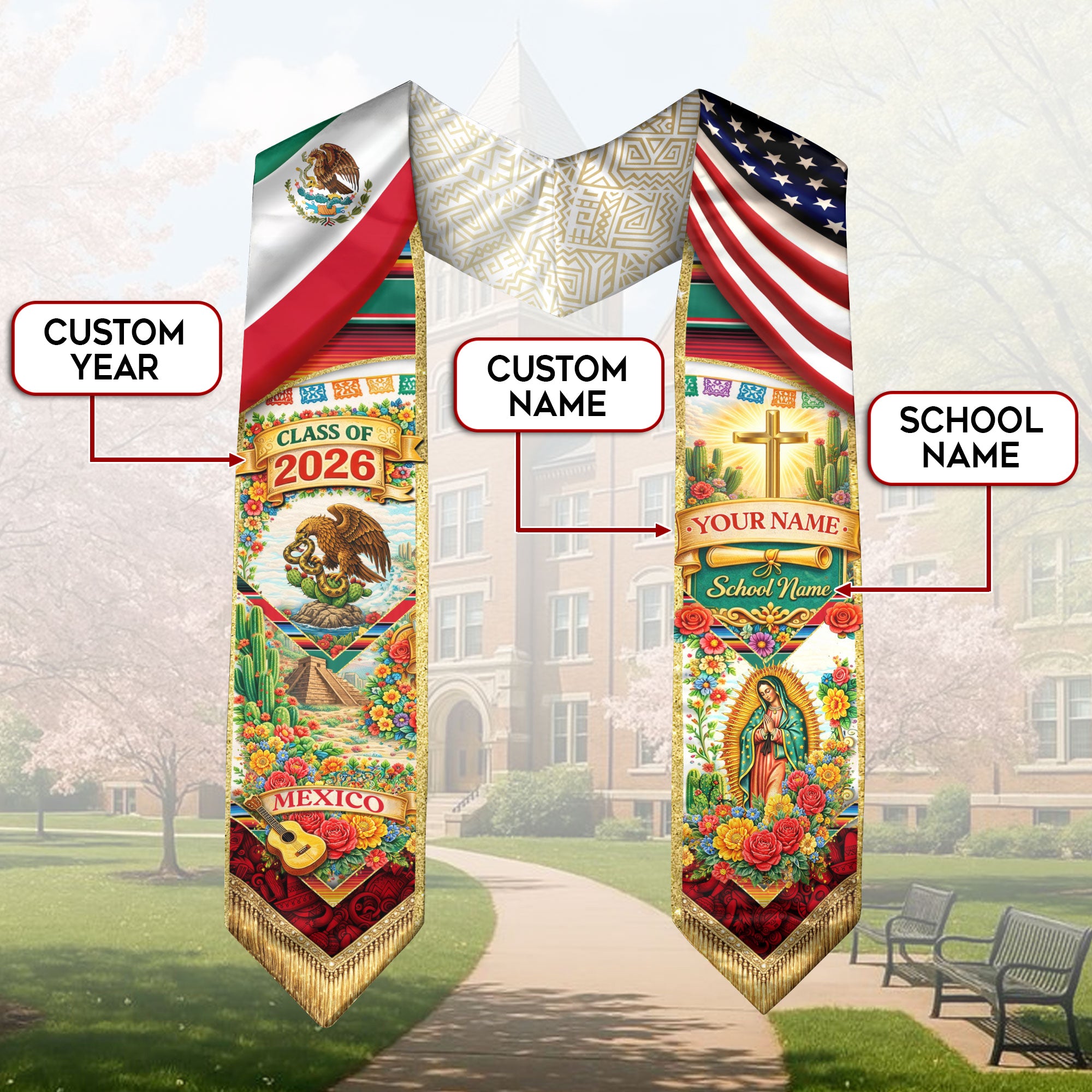 Custom Mexico Graduation Stole 2026 – Eagle Guadalupe USA Flag Serape Sash