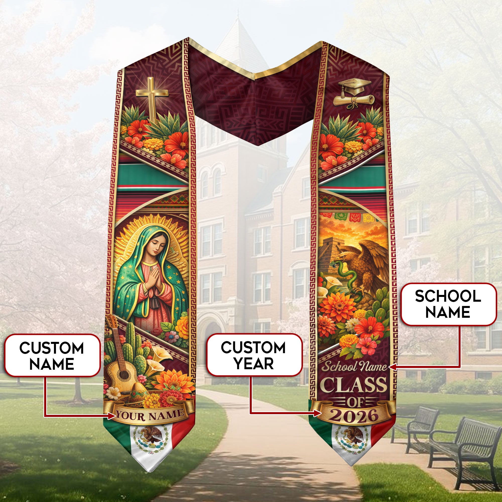 Mexico Graduation Stole Custom 2026 Guadalupe Aztec Eagle Serape Sash Gift