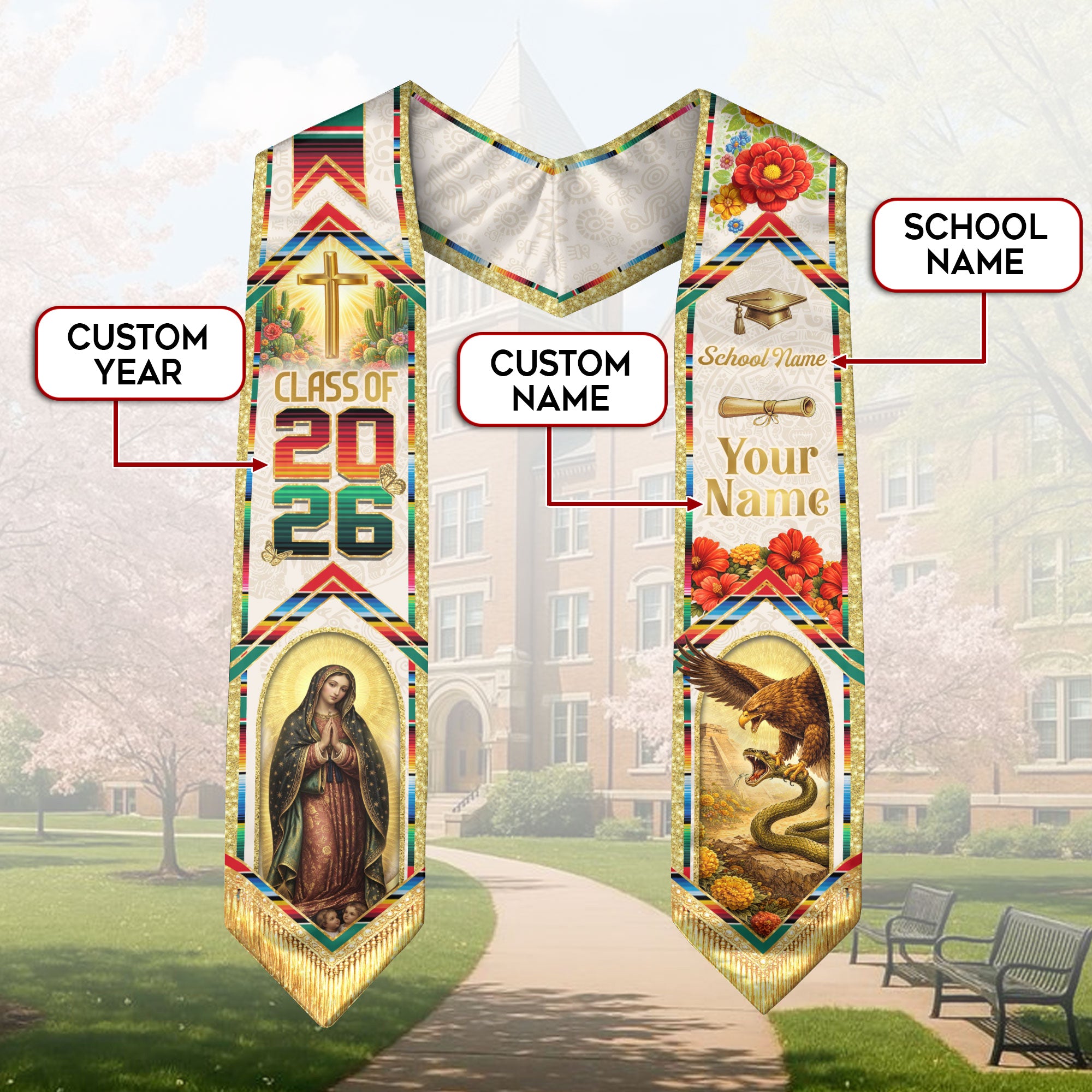 Mexico Graduation Stole Custom 2026 Guadalupe Eagle Cross Serape Sash Gift